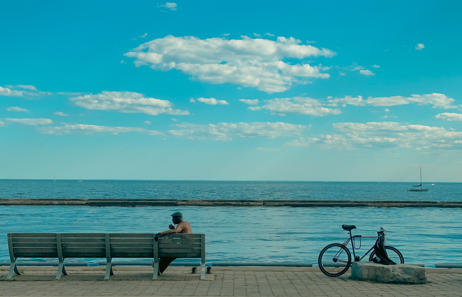 sitting by the shore, resting my bike