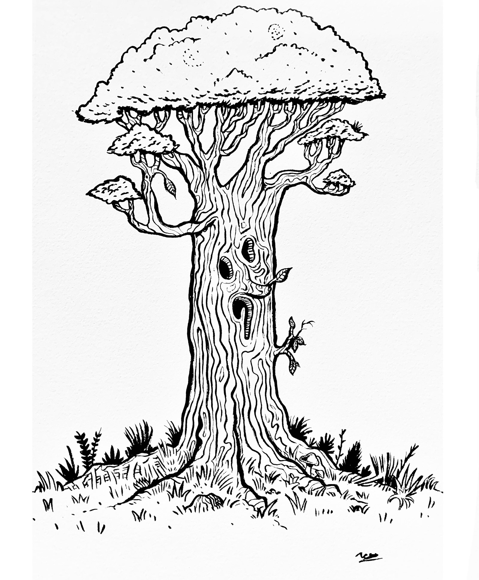 An original hand-drawn illustration titled "Ahhh!! Help!! Witch cursed me into a tree! AAHH!!"