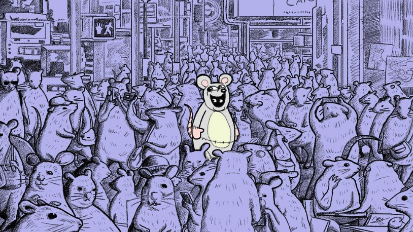 Original hand-drawn illustration titled "Falling behind".