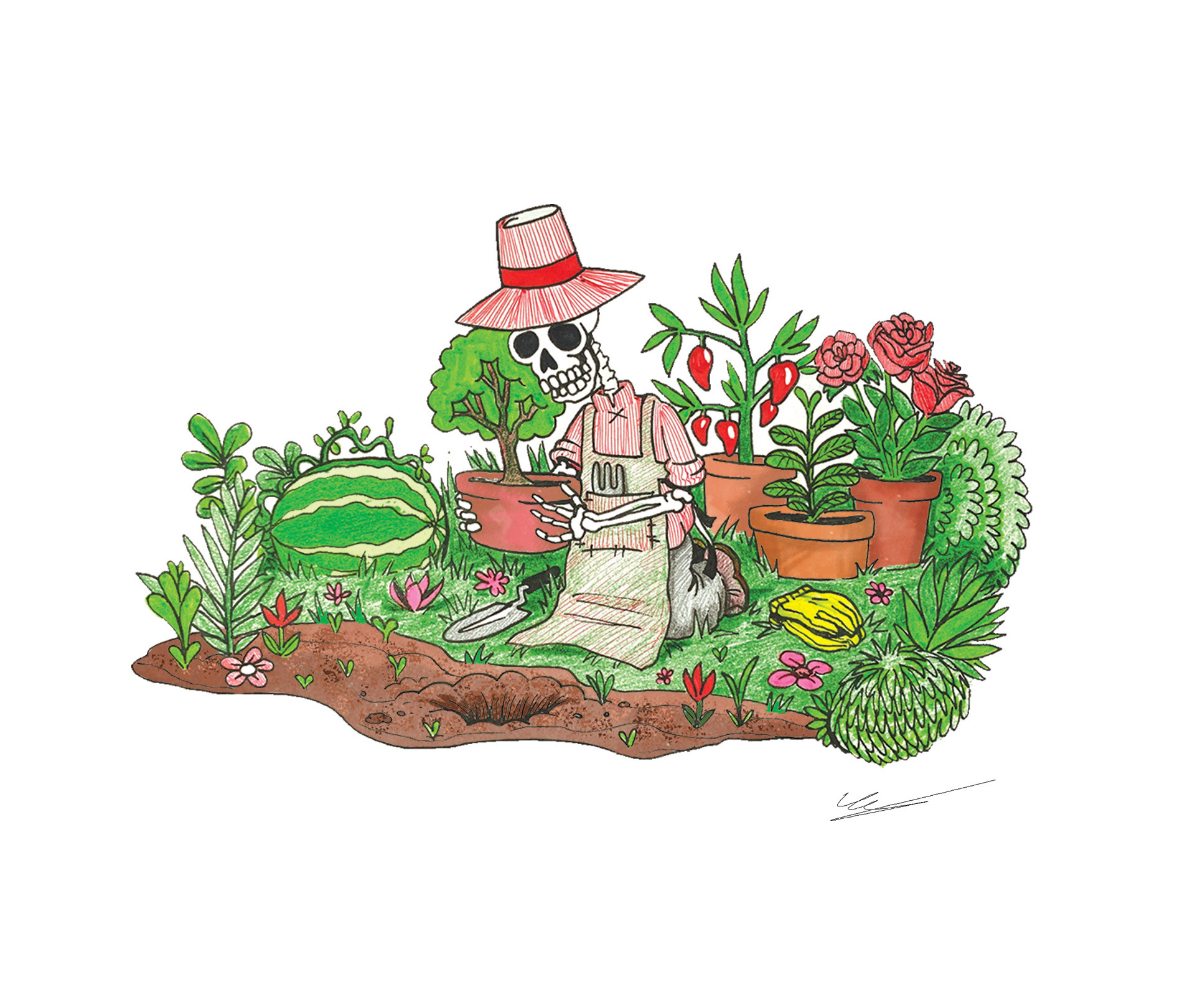 An original hand-drawn illustration titled "The garden of spiritual delights".