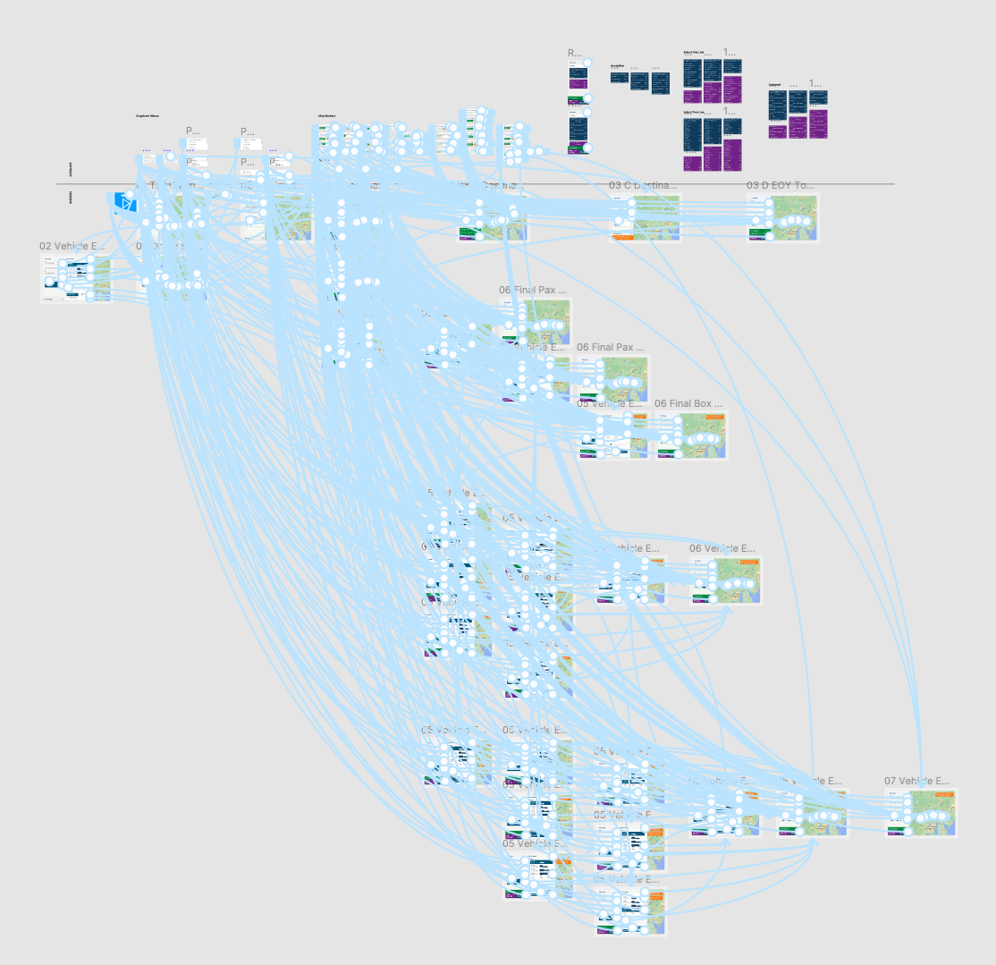 One of the iterative prototypes developed in Figma, showing the many connections and interactions that we made for user testing.