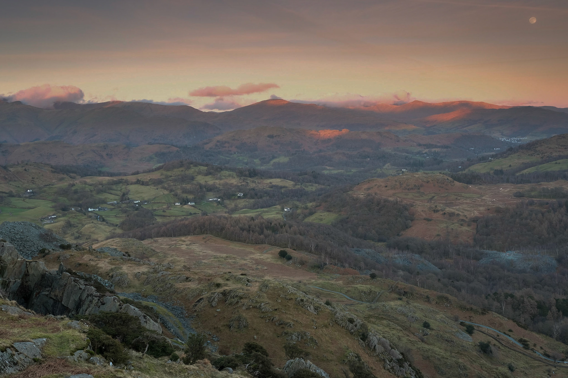 Sunset and Moonrise over Little Langdale from Tilberthwhaite Quarry
