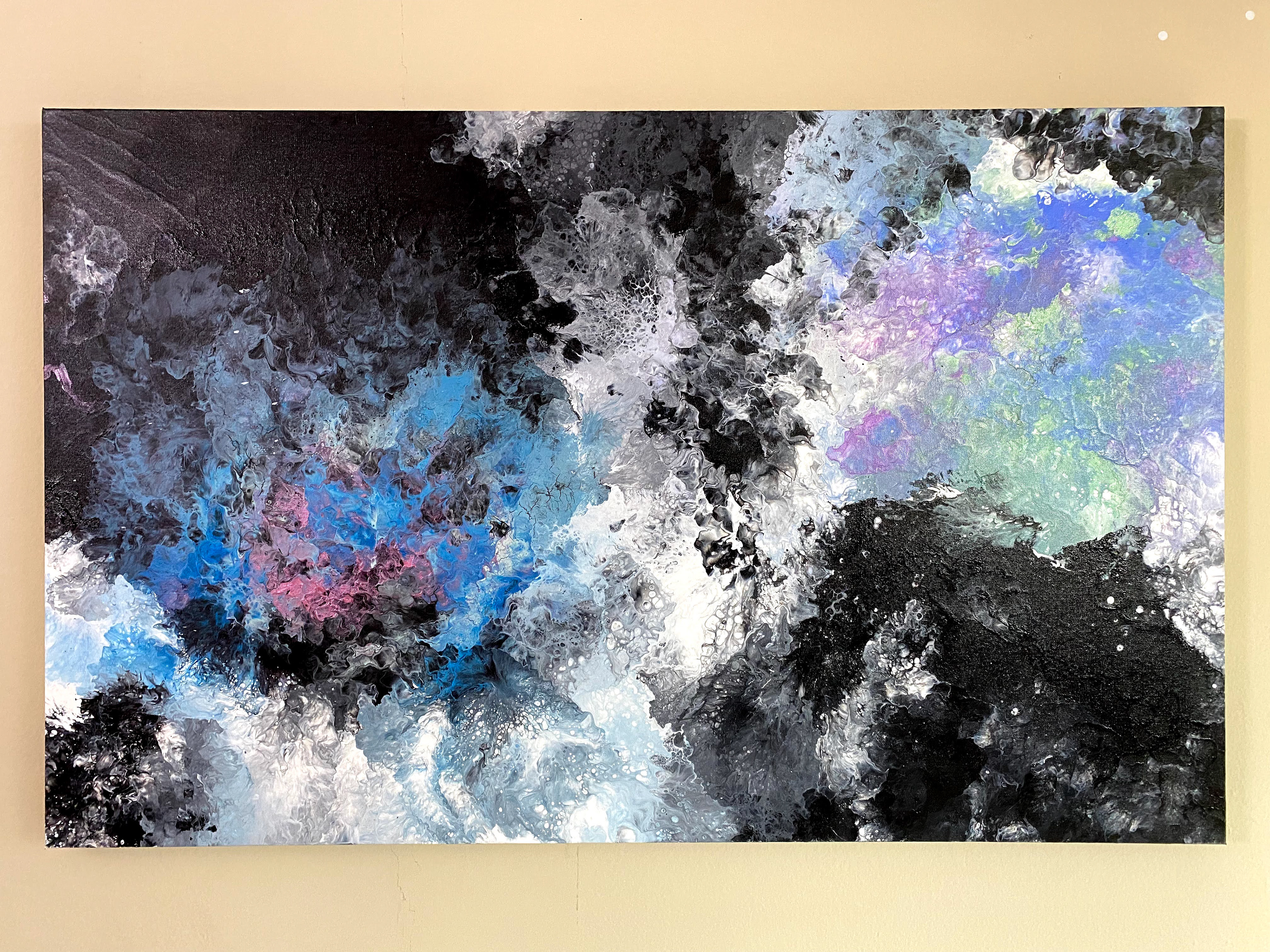 Mixed media pour on canvas inspired by two souls emerging on, 30" x 48"