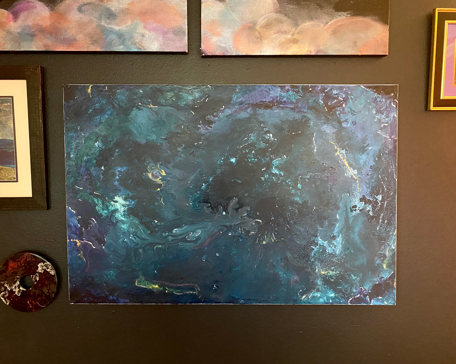 Mixed media layered pour on canvas inspired by the serenity in the night sky and water, 24" x 46"