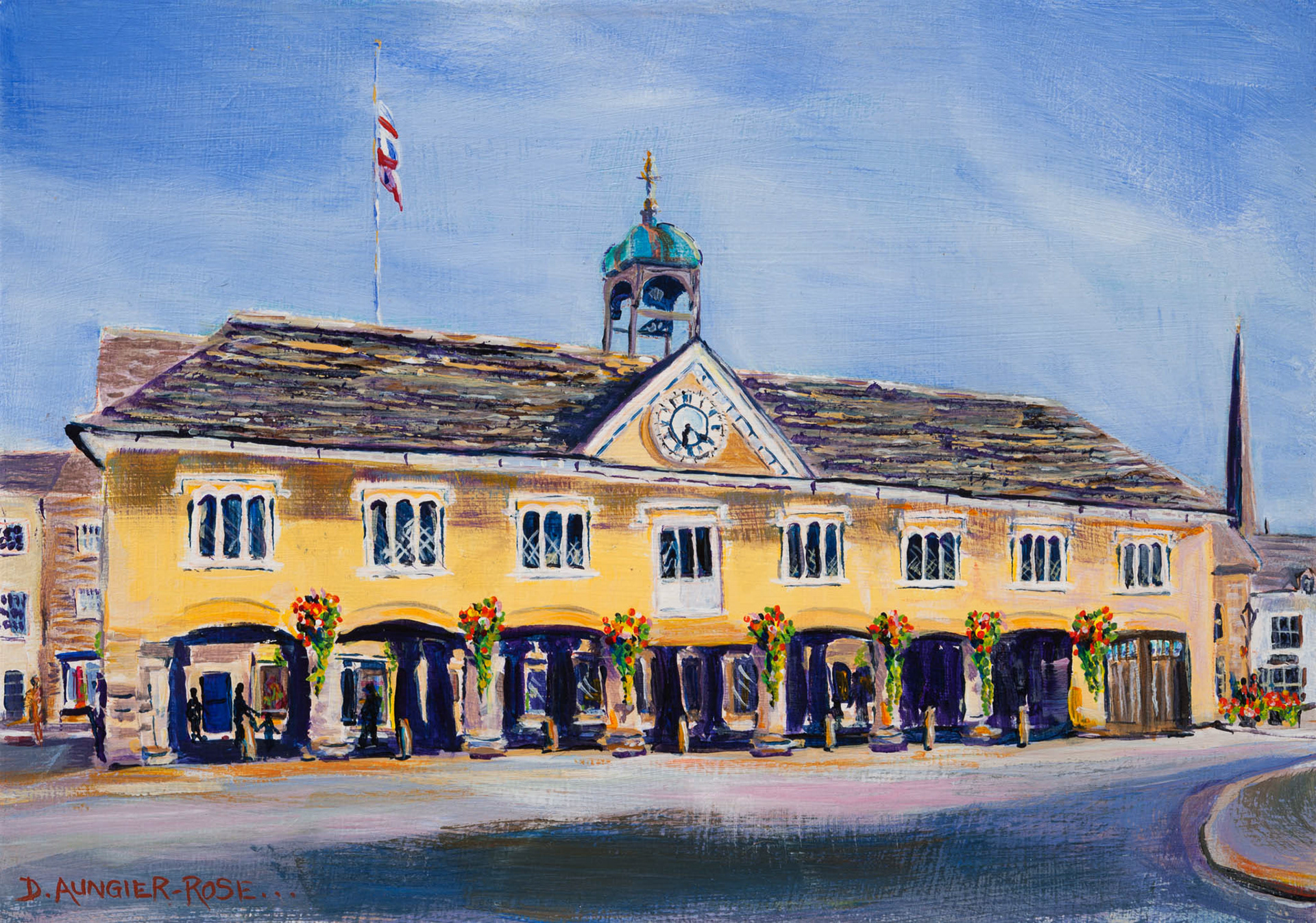 TETBURY MARKET HALL FROM LONG STREET. From an original painting by Diana Aungier-Rose. Print size: 21cm x 29cm. Frame size: 35cm x 45cm. For sale: £49