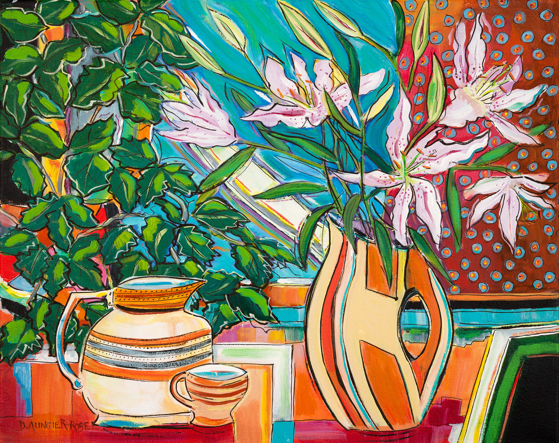 STILL LIFE WITH LILIES, VASE AND JUG. From an original painting by Diana Aungier-Rose. Picture size: 12cm x 17cm. Frame size: 21cm x 26cm x 4cm. FOR SALE: £20.
