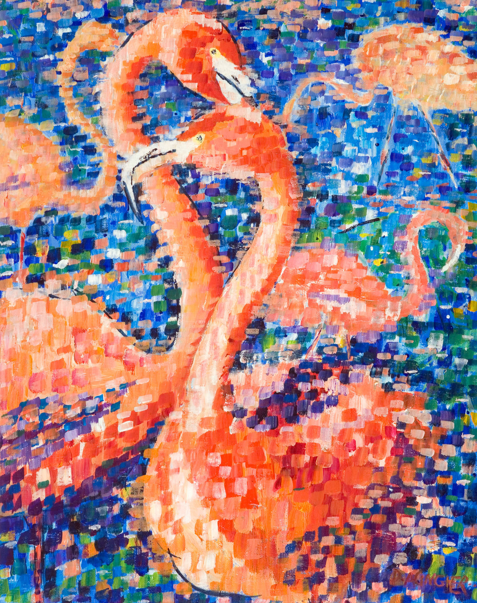 FLAMINGOS. From an original painting by Diana Aungier-Rose. Picture size: 39cm x 29cm.. Frame size: 53cm x 43cm. FOR SALE: £69.