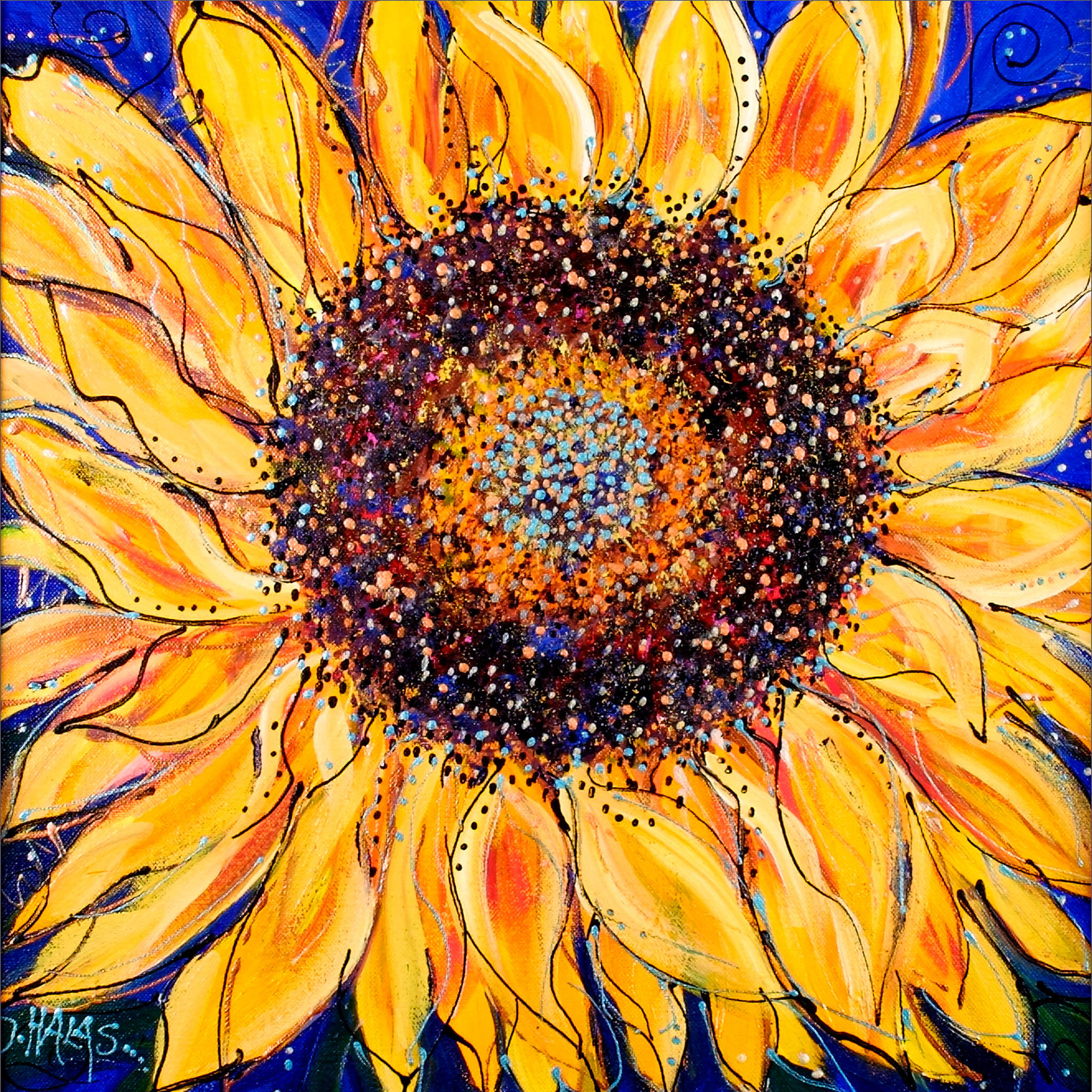 SUNFLOWER ON BLUE. From an original painting by Diana Aungier-Rose. Print size: 30cm x 30cm. For Sale: £15