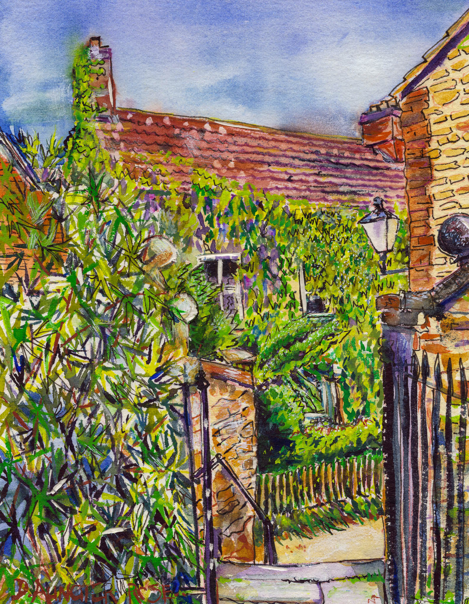 PRETTY CORNER NEAR ST JAMES'S DURSLEY. Watercolour, Pen and Ink on Paper. Painting size: 22cm x 17cm. Framed size: 33cm x 28cm x 2.5cm. For Sale: £60