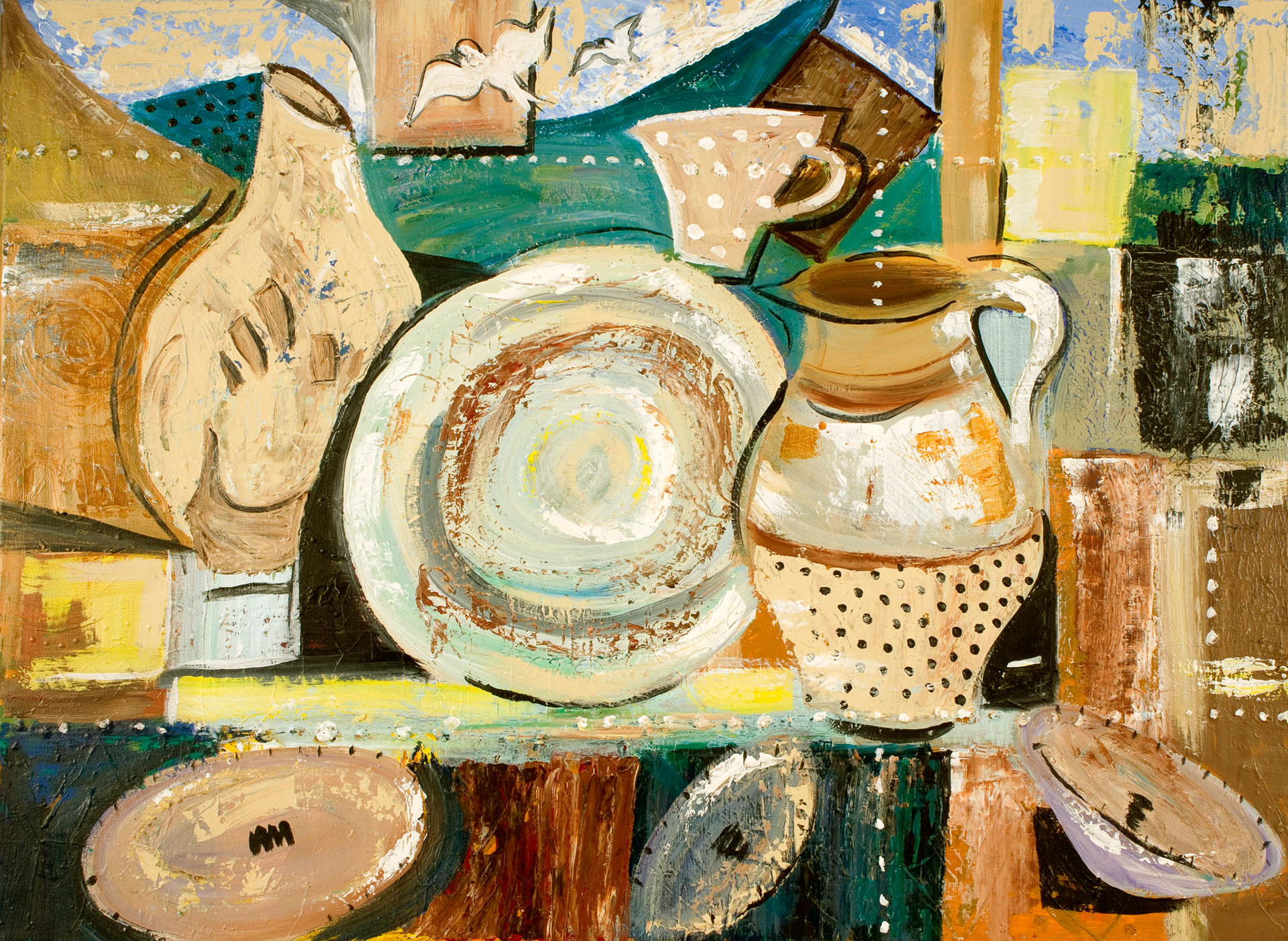 SUE'S POTS. x2. From an original painting by Diana Aungier-Rose. Picture size: 7in x 9in. Mount size: 10in x 12in. FOR SALE: £14.