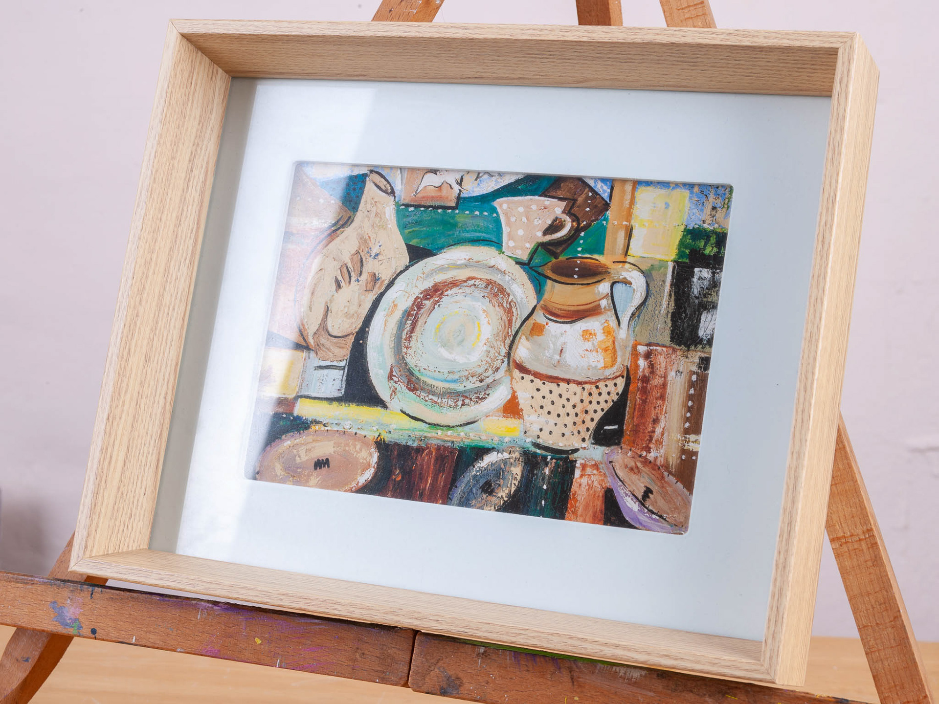 SUE'S POTS. From an original painting by Diana Aungier-Rose. Picture size: 12cm x 17cm. Frame size: 21cm x 26cm x 4cm. FOR SALE: £20.