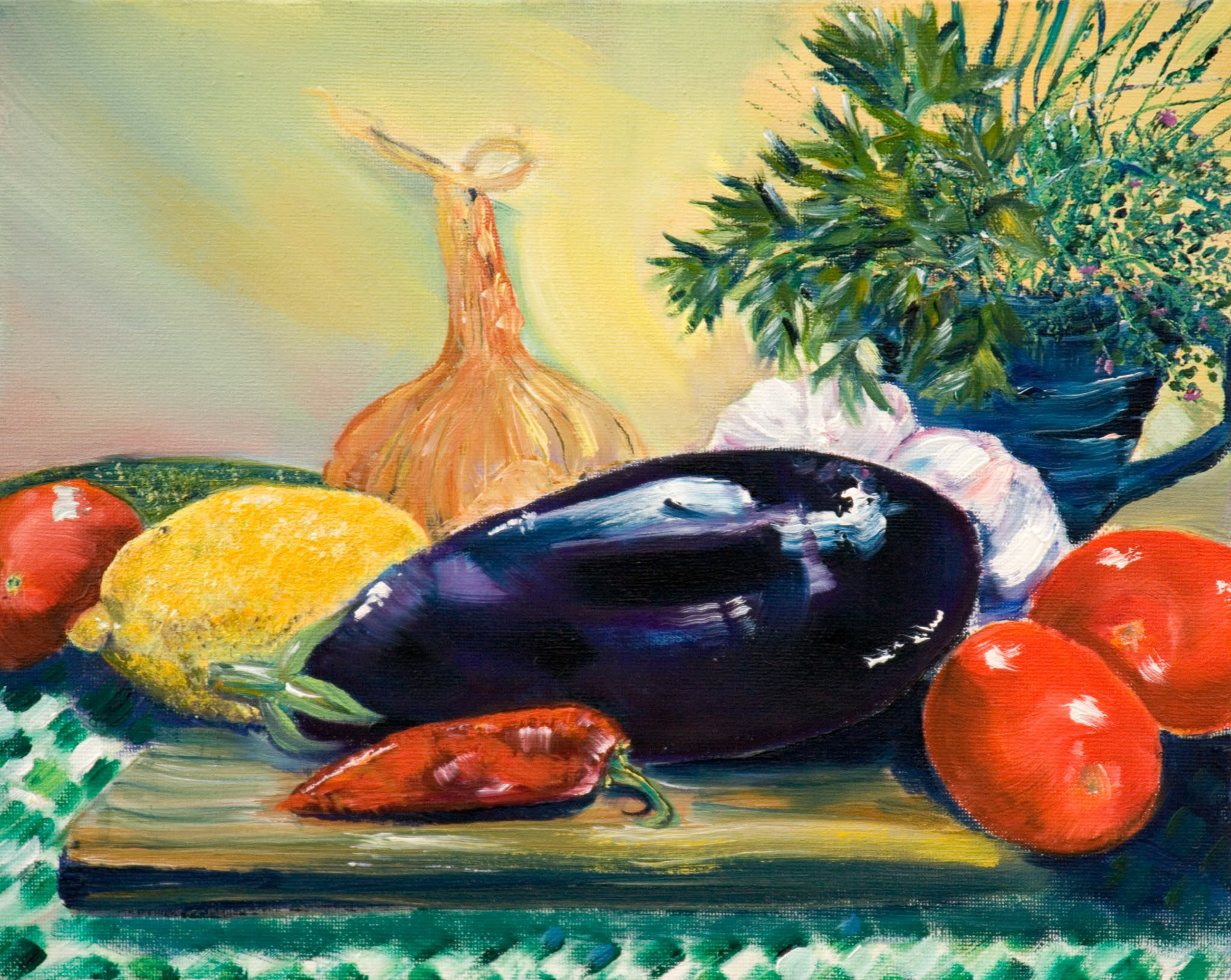 AUBERGINE STILL LIFE. From an original painting by Diana Aungier-Rose. Picture size: 7.5in x 9.5in. Mount size: 10in x 14in. FOR SALE: £19.