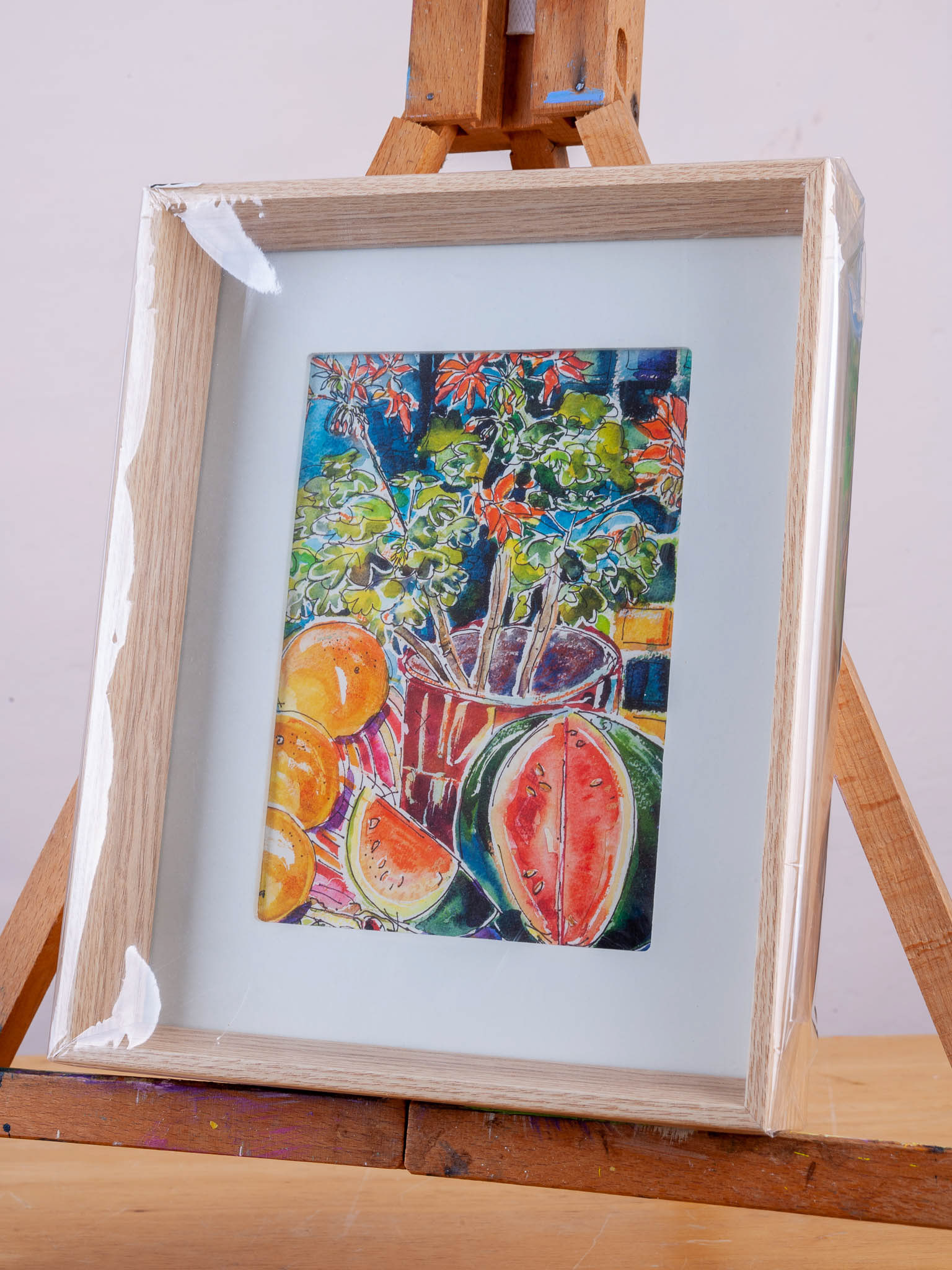 WATERMELON STILL LIFE. x2. From an original painting by Diana Aungier-Rose. Picture size: 17cm x 12cm. Frame size:26cm x 21cm x 4cm. FOR SALE: £20.