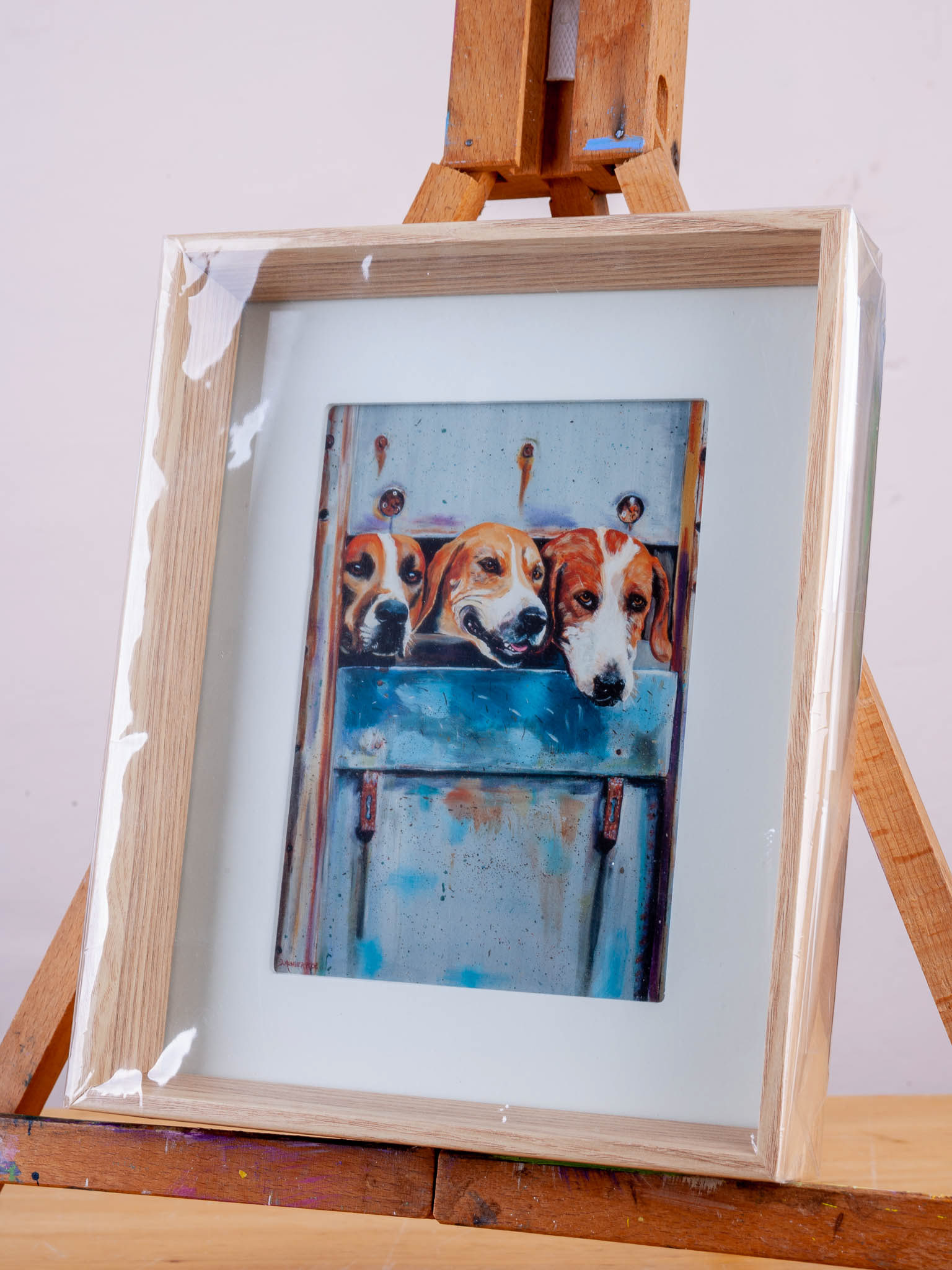 HAPPY HUNT HOUNDS HEAD HOME. From an original painting by Diana Aungier-Rose. Picture size: 17cm x 12cm. Frame size:26cm x 21cm x 4cm. FOR SALE: £20.