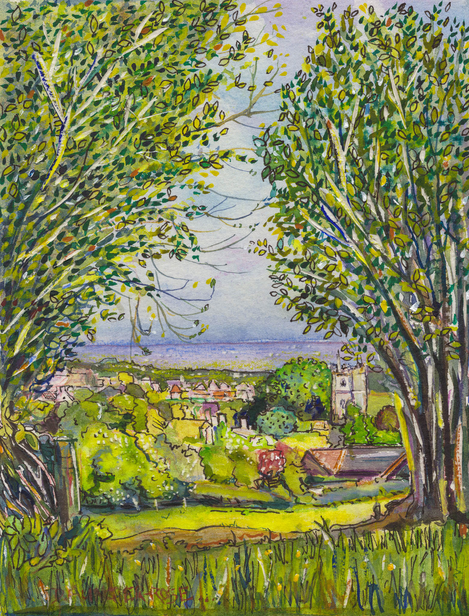SPRINGTIME CAM VIEW. Watercolour, Pen and Ink on Paper. Painting size: 22cm x 17cm. Framed size: 33cm x 28cm x 2.5cm. For Sale: £60