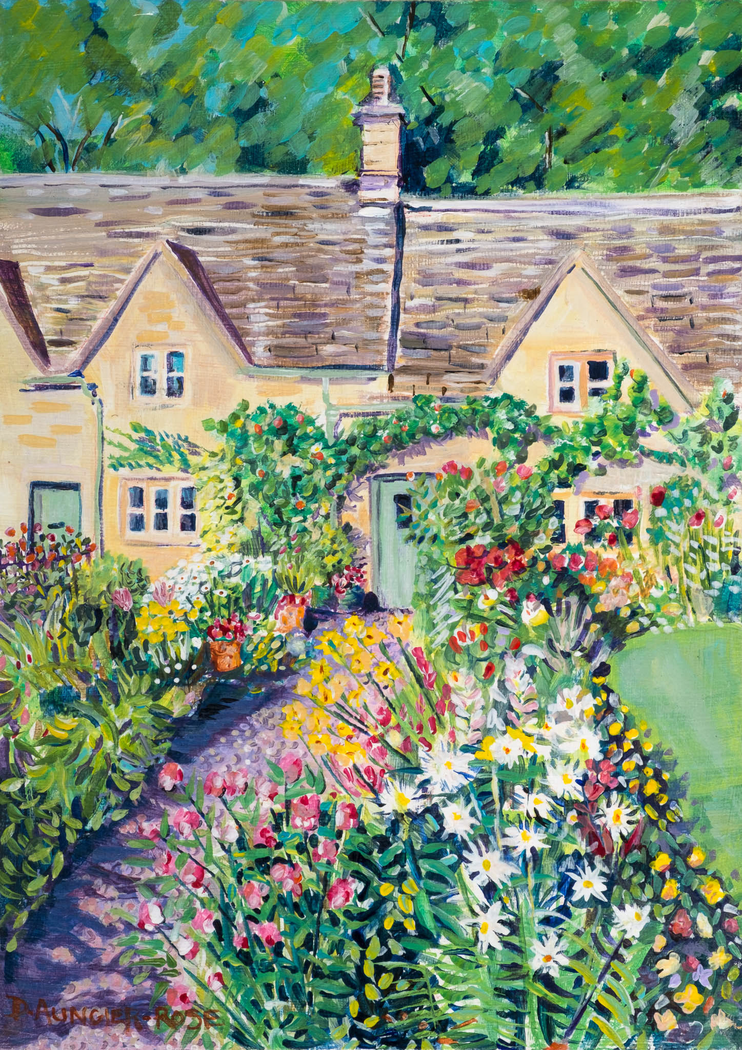 BIBURY COTTAGE GARDEN. From an original painting by Diana Aungier-Rose. Print size: 29cm x 21cm. Frame size: 45cm x 35cm. For sale: £49