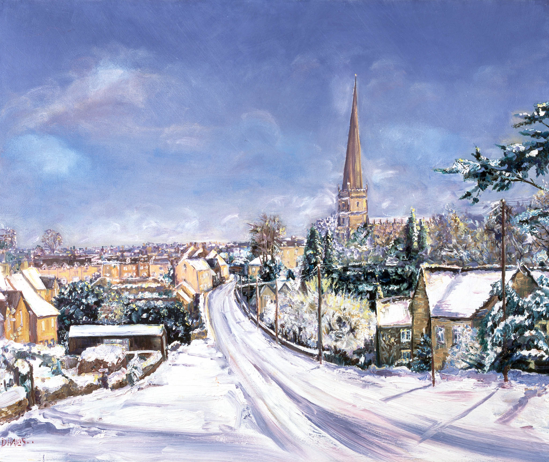 TETBURY IN SNOW. X2. From an original painting by Diana Aungier-Rose. Print size: 29cm x 35cm. For Sale: £18