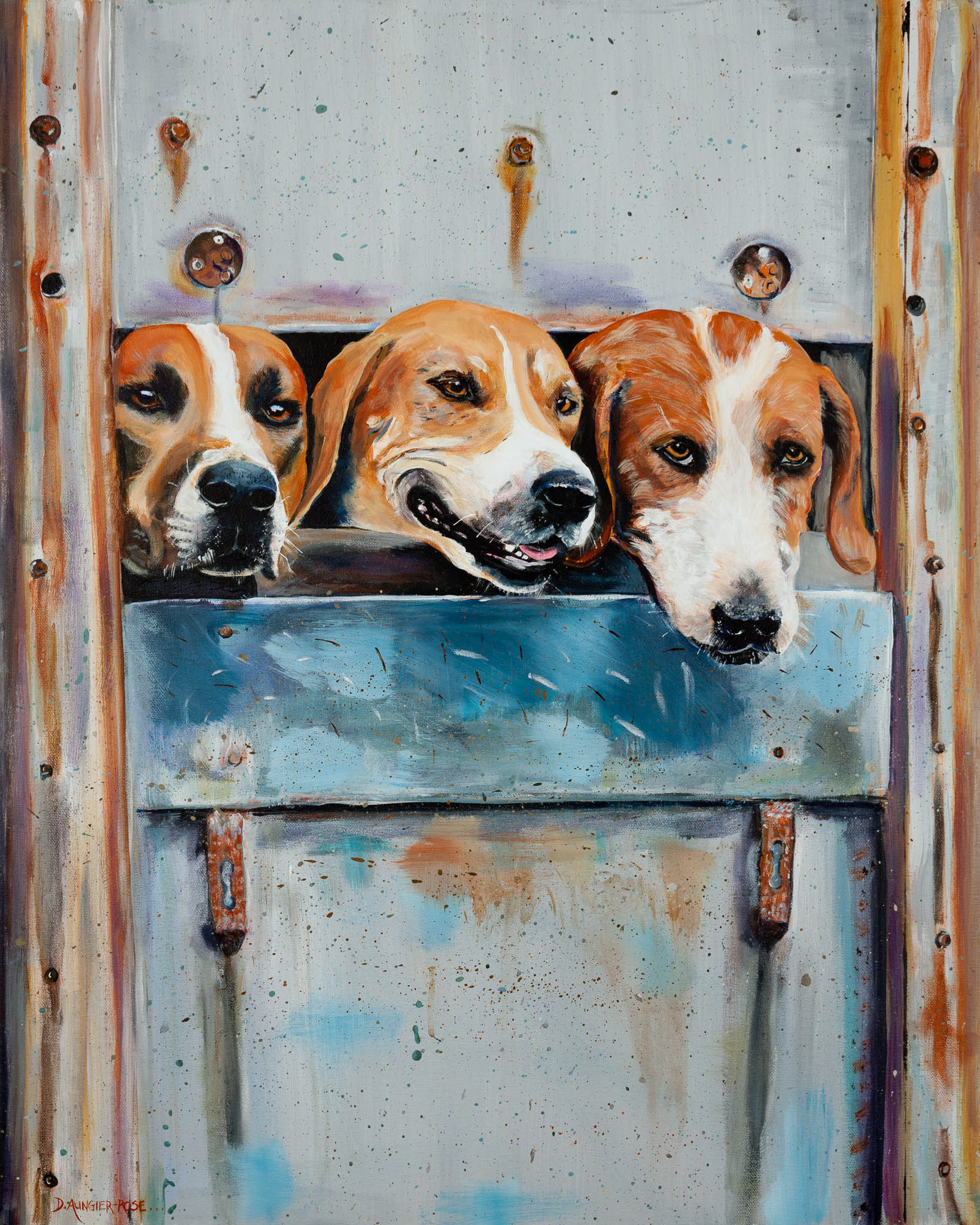 HAPPY HUNT HOUNDS HEAD HOME. From an original painting by Diana Aungier-Rose. Picture size: 17cm x 12cm. Frame size:26cm x 21cm x 4cm. FOR SALE: £20.