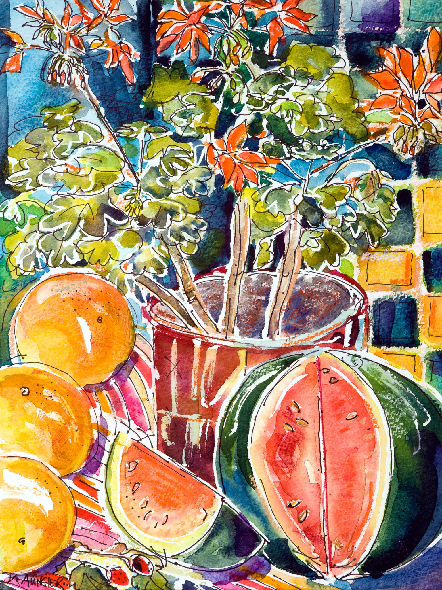 WATERMELON STILL LIFE. x2. From an original painting by Diana Aungier-Rose. Picture size: 17cm x 12cm. Frame size:26cm x 21cm x 4cm. FOR SALE: £20.