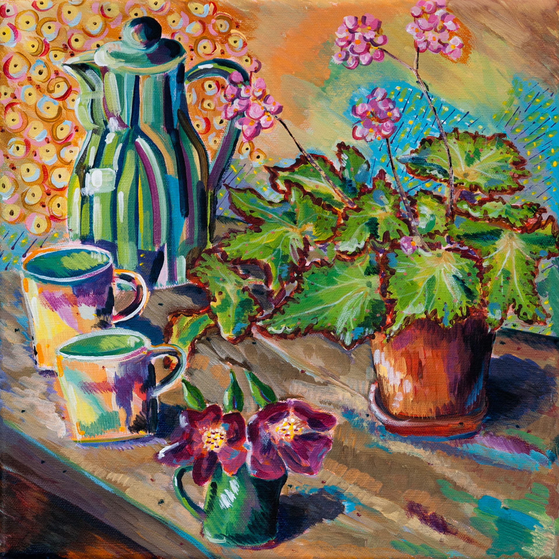 DENBY WARE STILL LIFE. From an original painting by Diana Aungier-Rose. Picture size: 29cm x 29cm. Mount size: 50cm x 50cm. FOR SALE: £29.