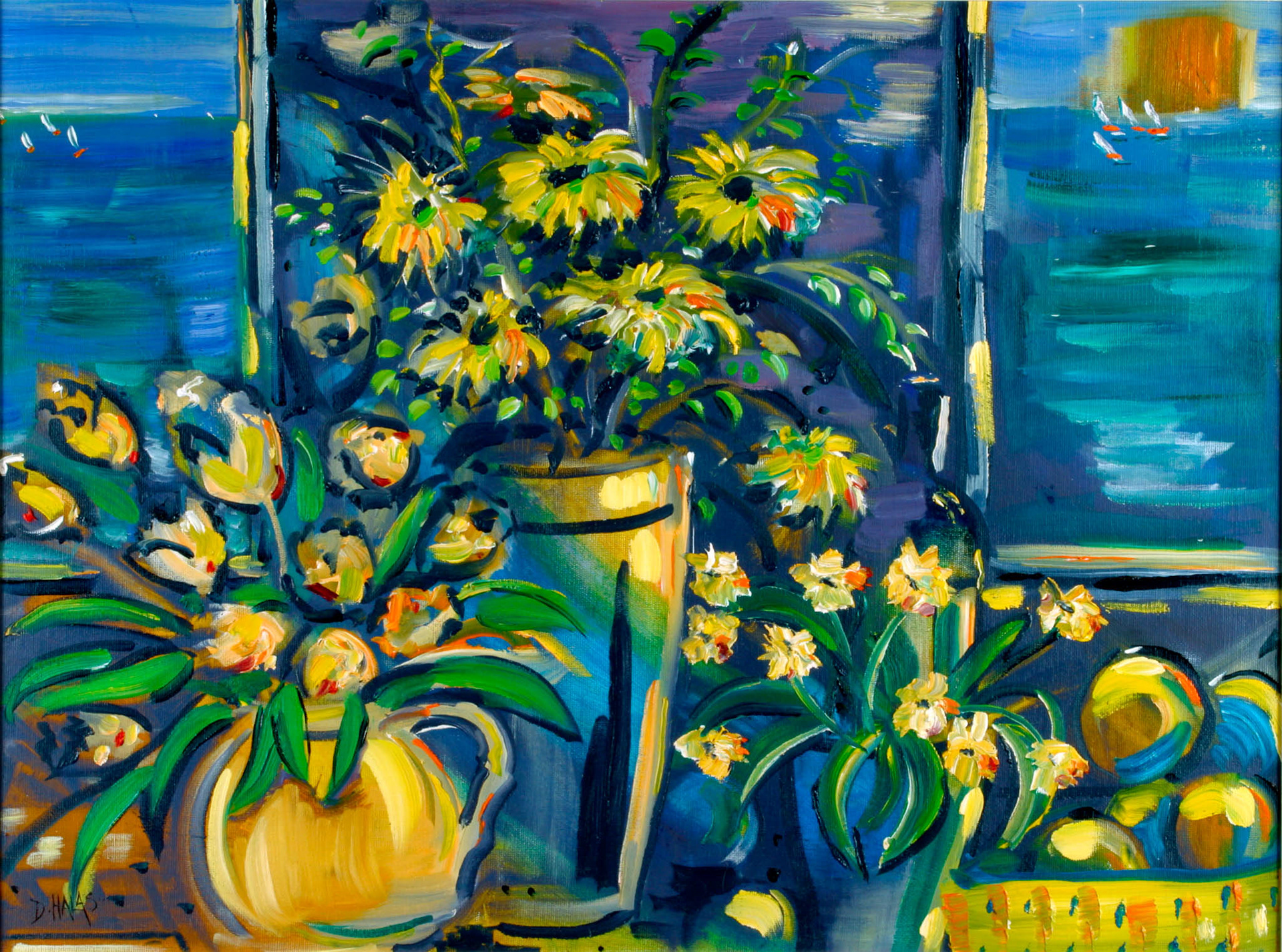 YELLOW FLOWERS BY THE OCEAN. From an original painting by Diana Aungier-Rose. Print size: 29cm x 39cm. For Sale: £18