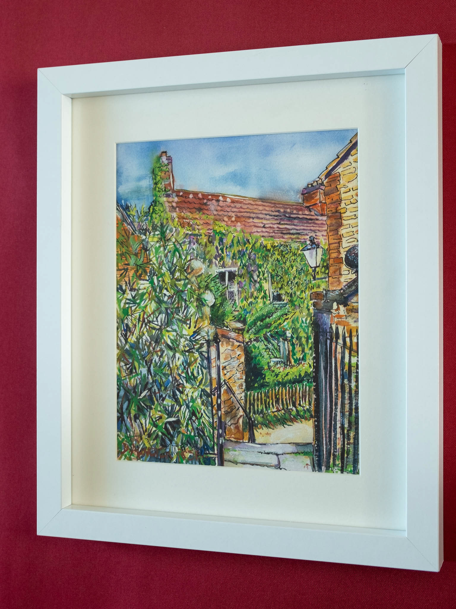 PRETTY CORNER NEAR ST JAMES'S DURSLEY. Watercolour, Pen and Ink on Paper. Painting size: 22cm x 17cm. Framed size: 33cm x 28cm x 2.5cm. For Sale: £60