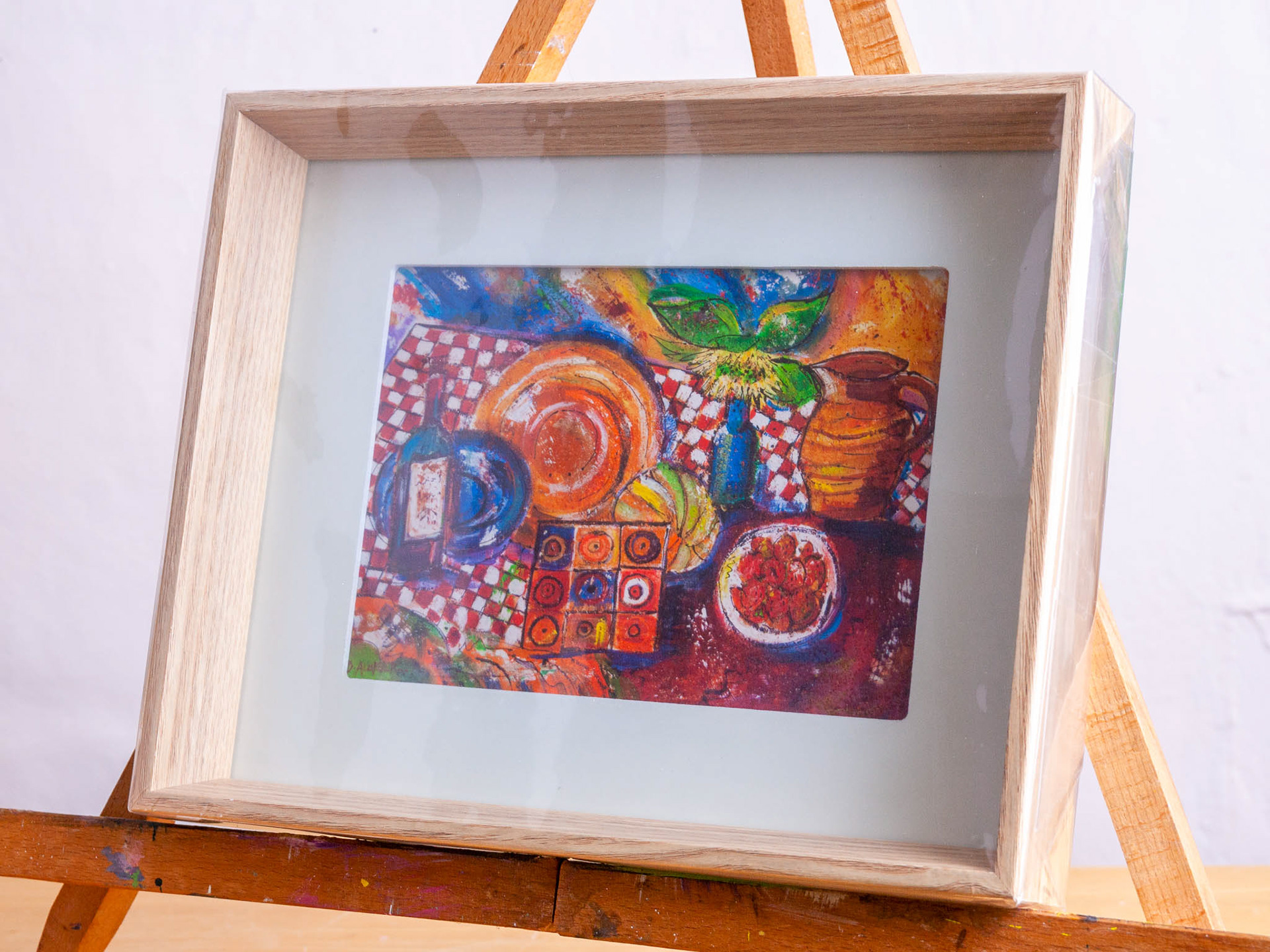 STILL LIFE WITH SUNFLOWER, WINE AND STRAWBERRIES I. x2 From an original painting by Diana Aungier-Rose. Picture size: 12cm x 17cm. Frame size: 21cm x 26cm x 4cm. FOR SALE: £20.