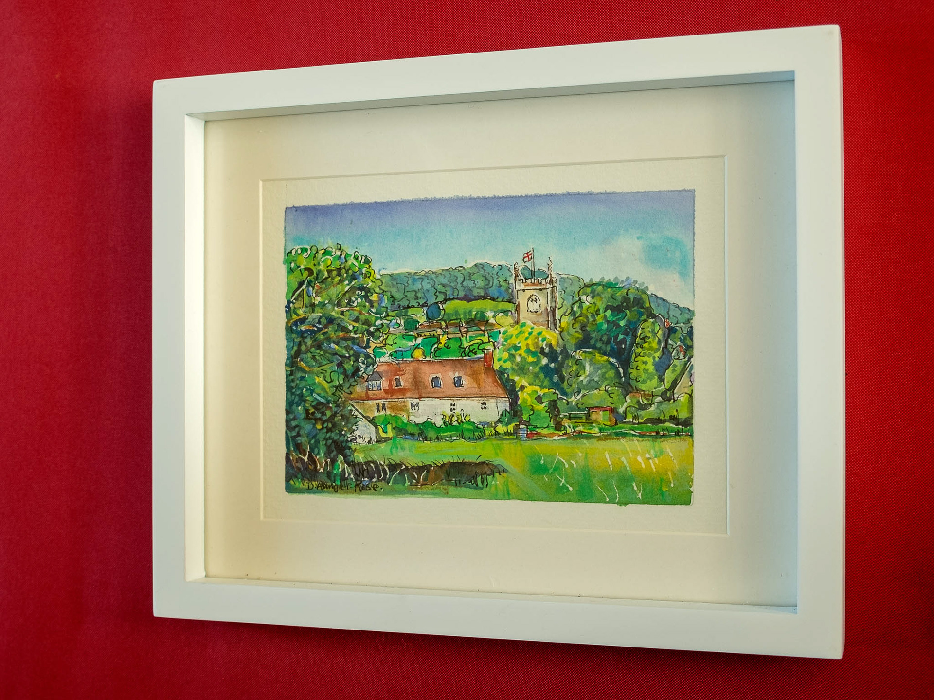 OVER THE FIELD TO ST GEORGE'S, CAM. Watercolour, Pen and Ink on Paper. Painting size: 12cm x 16cm. Framed size: 22cm x 27cm x 2.5cm. For Sale: £45