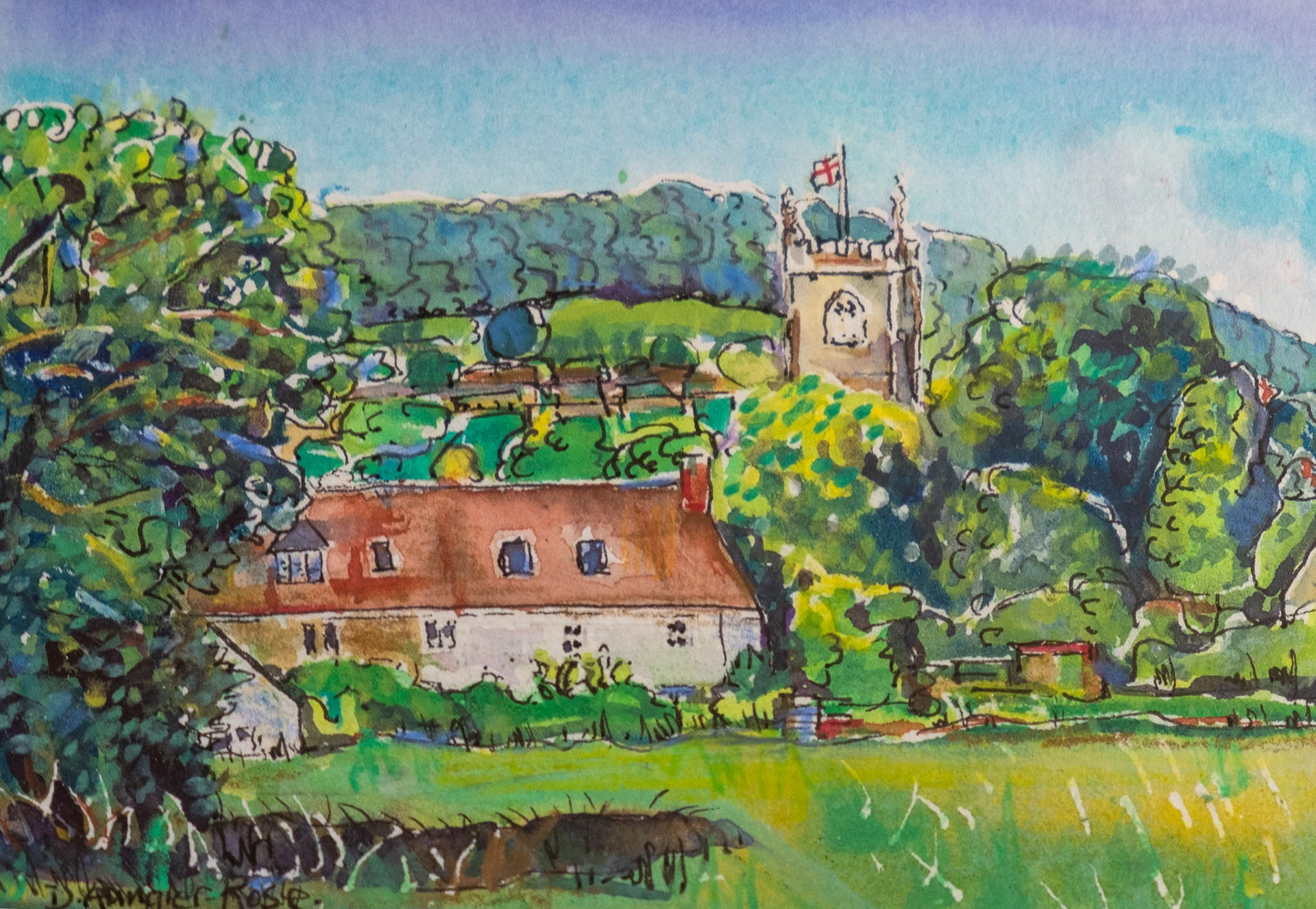 OVER THE FIELD TO ST GEORGE'S, CAM. Watercolour, Pen and Ink on Paper. Painting size: 12cm x 16cm. Framed size: 22cm x 27cm x 2.5cm. For Sale: £45