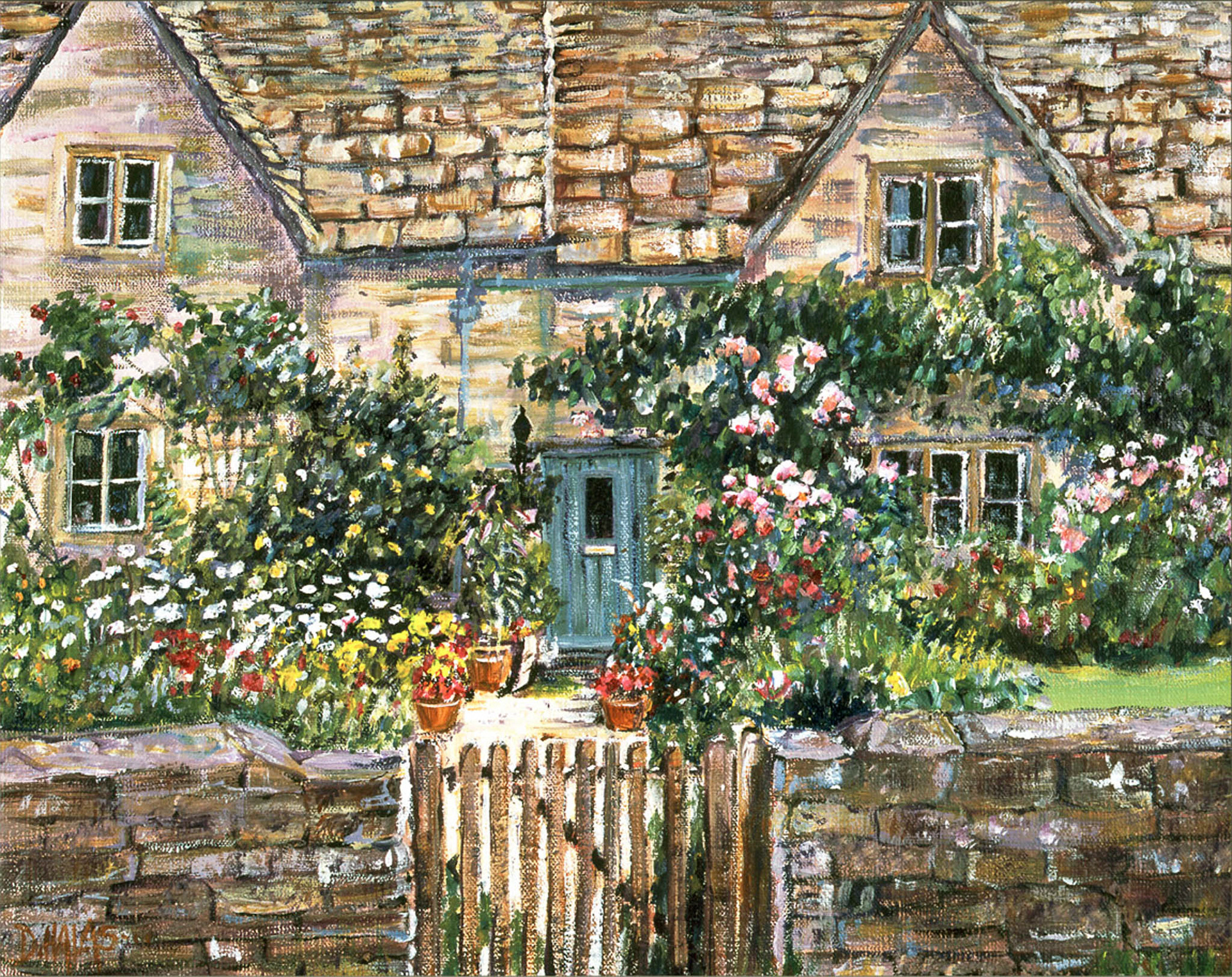 COTSWOLD COTTAGE, BIBURY. From an original painting by Diana Aungier-Rose. Print size: 24cm x 30cm. For Sale: £12