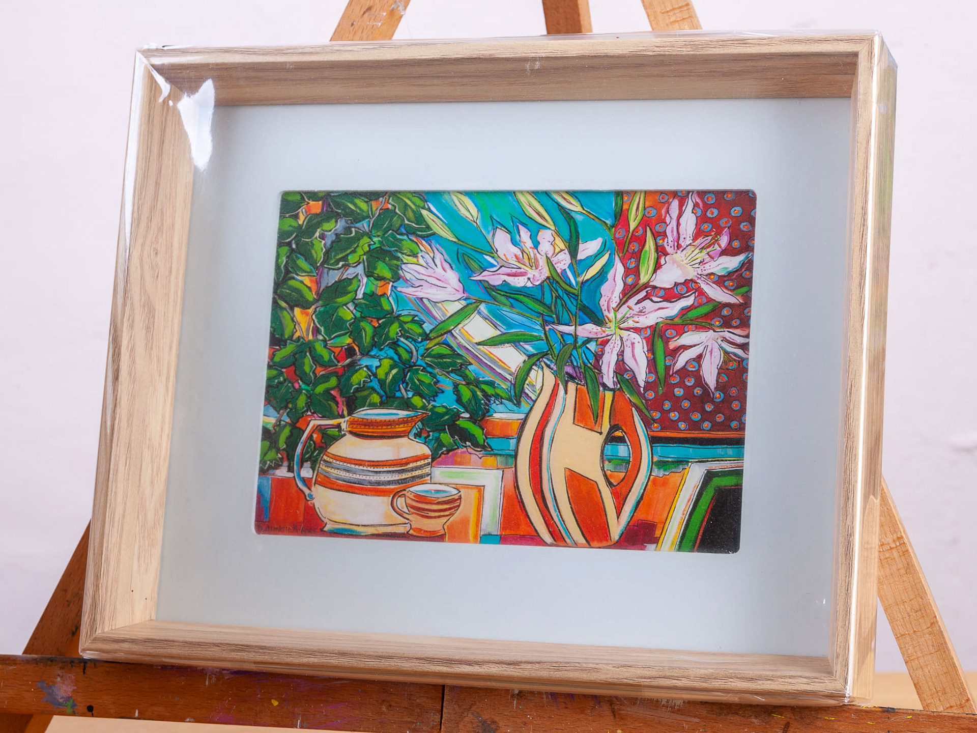 STILL LIFE WITH LILIES, VASE AND JUG. From an original painting by Diana Aungier-Rose. Picture size: 12cm x 17cm. Frame size: 21cm x 26cm x 4cm. FOR SALE: £20.