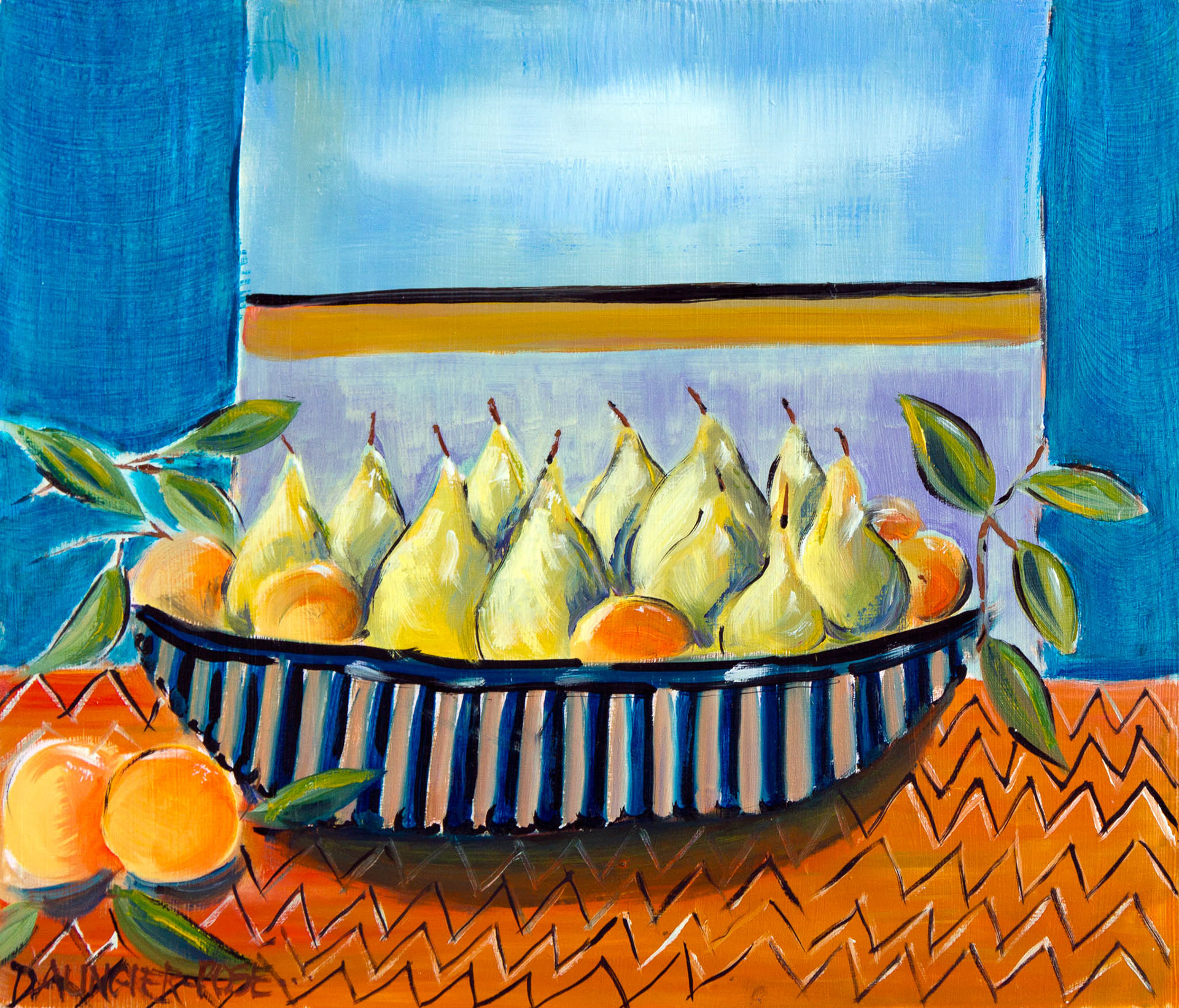 PEARS AND SATSUMAS. x2. From an original painting by Diana Aungier-Rose. Picture size: 7in x 9in. Mount size: 10in x 12in. FOR SALE: £14.