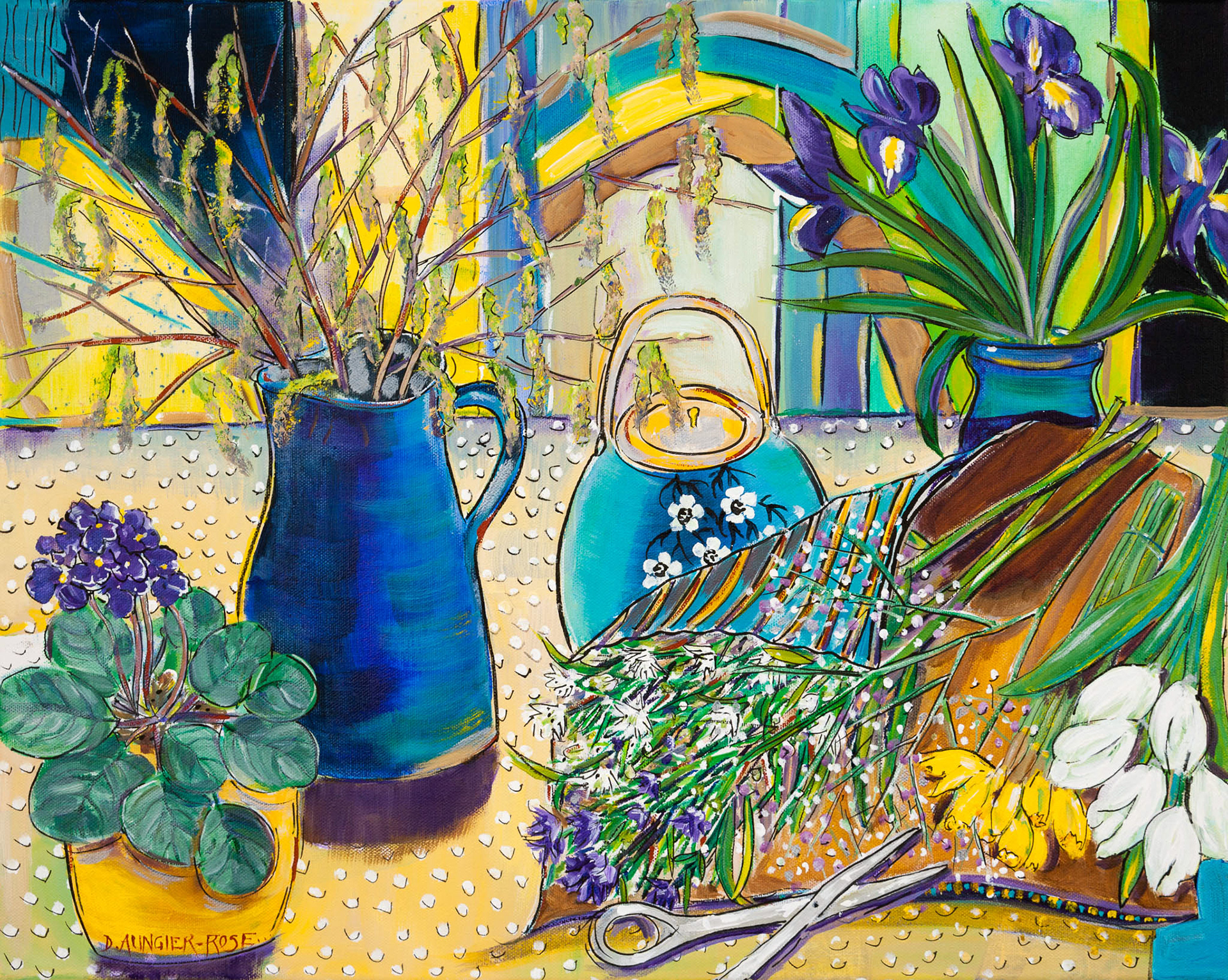 STILL LIFE, FIRST SIGNS OF SPRING. From an original painting by Diana Aungier-Rose. Picture size: 29cm x 39cm. Mount size: 40cm x 50cm. FOR SALE: £29.