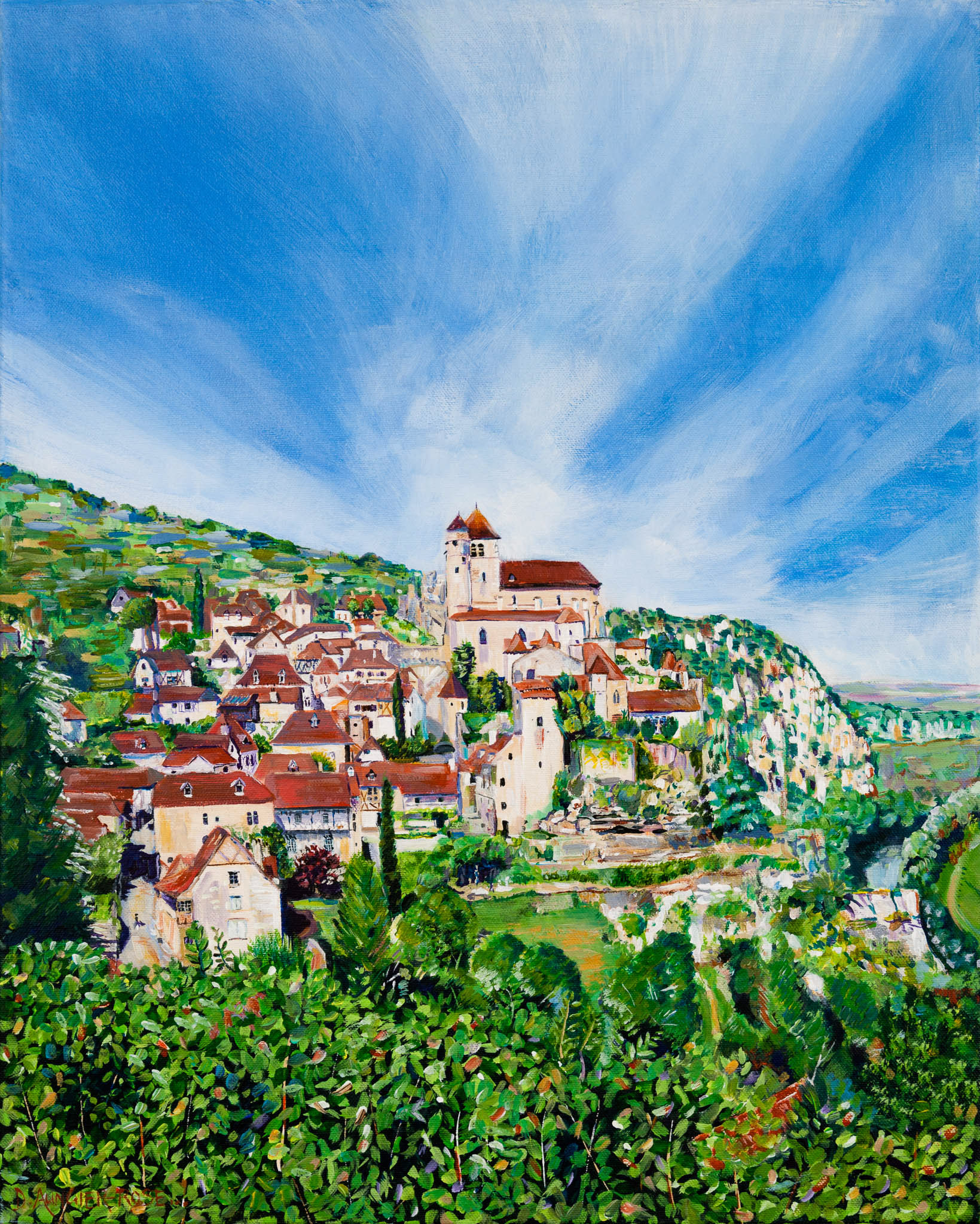 SAINT-CIRQUE-LAPOPIE, LOT, FRANCE. From an original painting by Diana Aungier-Rose. Picture size: 17cm x 12cm. Frame size:26cm x21cm approx. FOR SALE: £20.