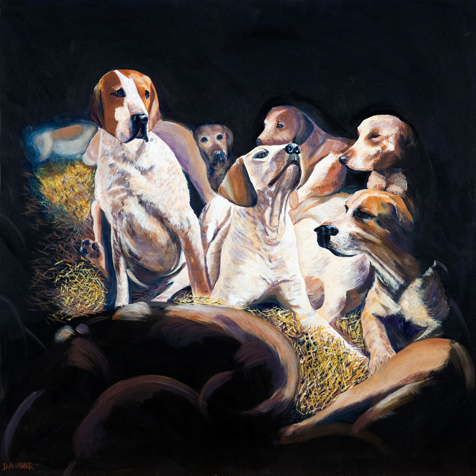 THROUGH THE KENNEL DOOR. From an original painting by Diana Aungier-Rose. Print size: 30cm x 30cm. For Sale: £15