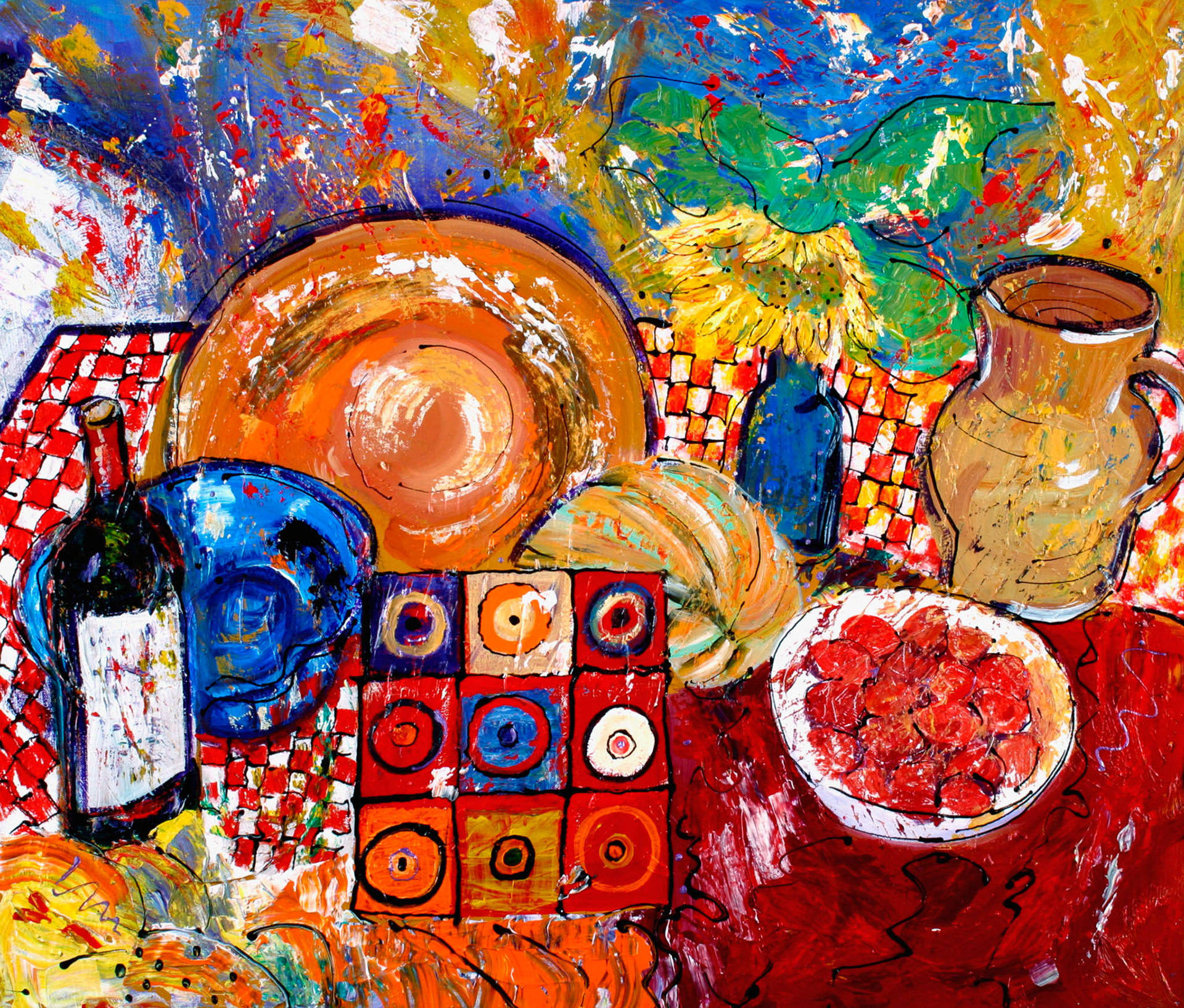 STILL LIFE WITH SUNFLOWER, WINE AND STRAWBERRIES I. x2 From an original painting by Diana Aungier-Rose. Picture size: 12cm x 17cm. Frame size: 21cm x 26cm x 4cm. FOR SALE: £20.