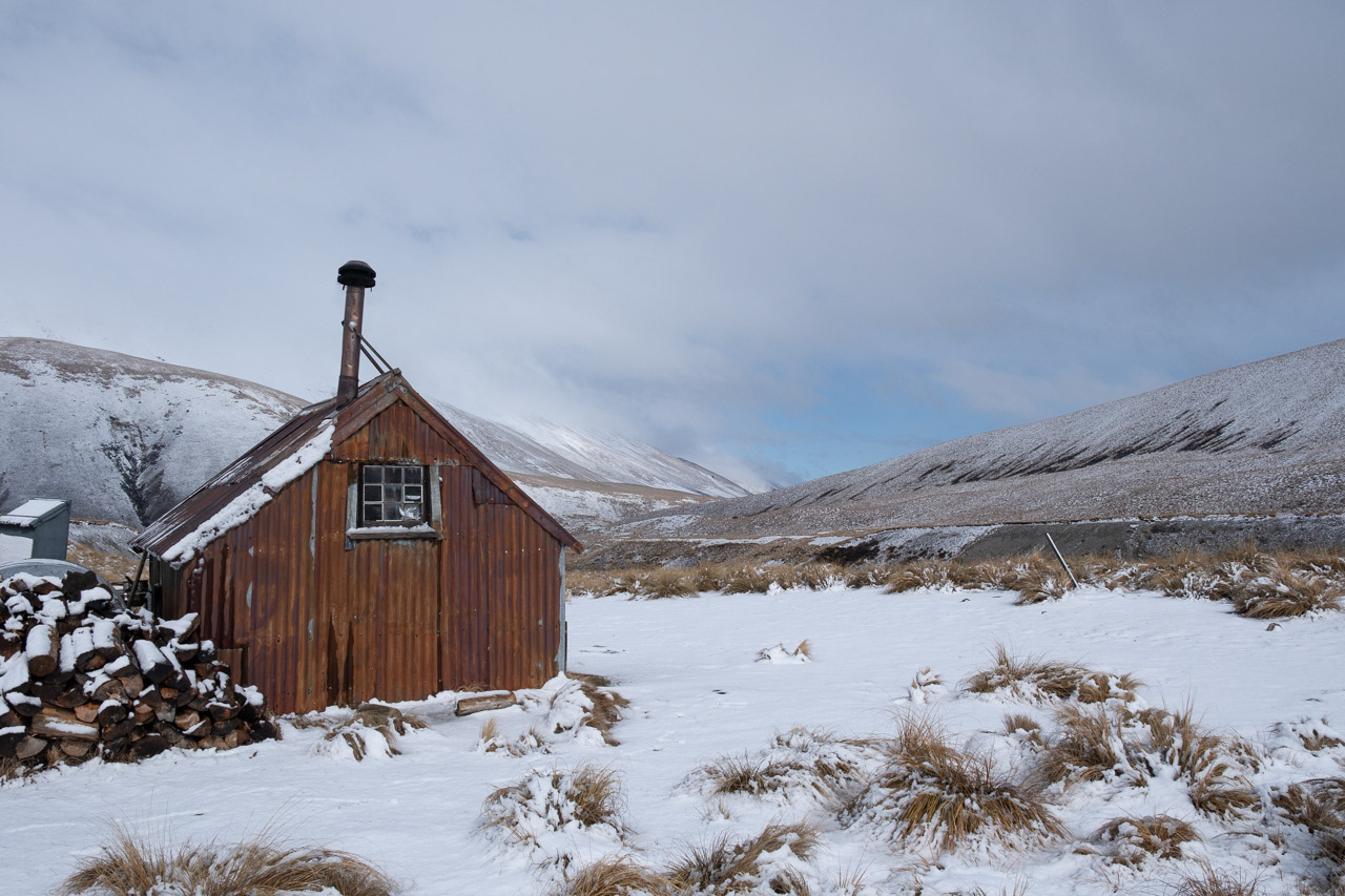 Camp Stream Hut with a dusting of snow