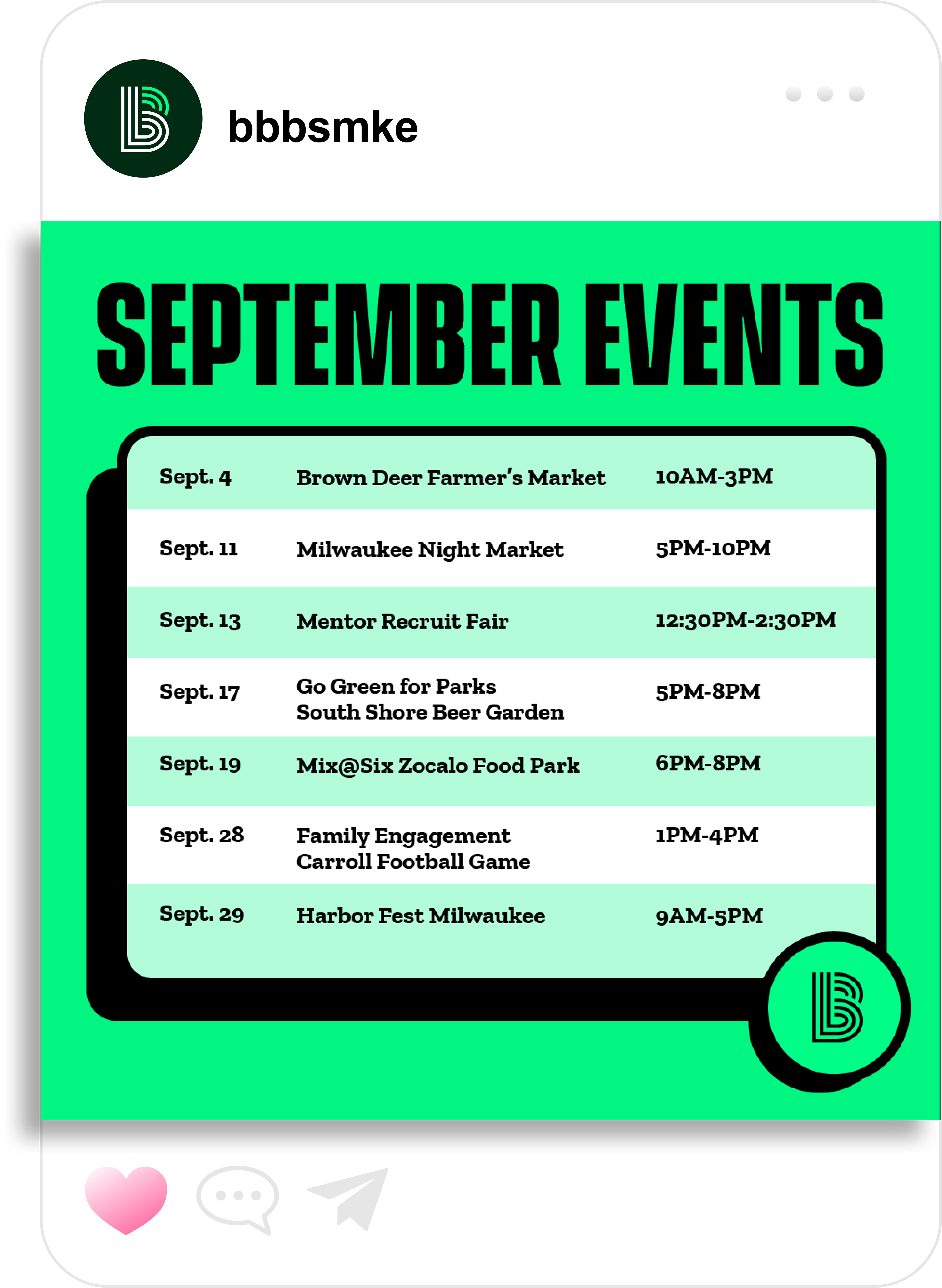 September is here! Here's where you can find BBBS of Metro Milwaukee out in the community this month. 💚