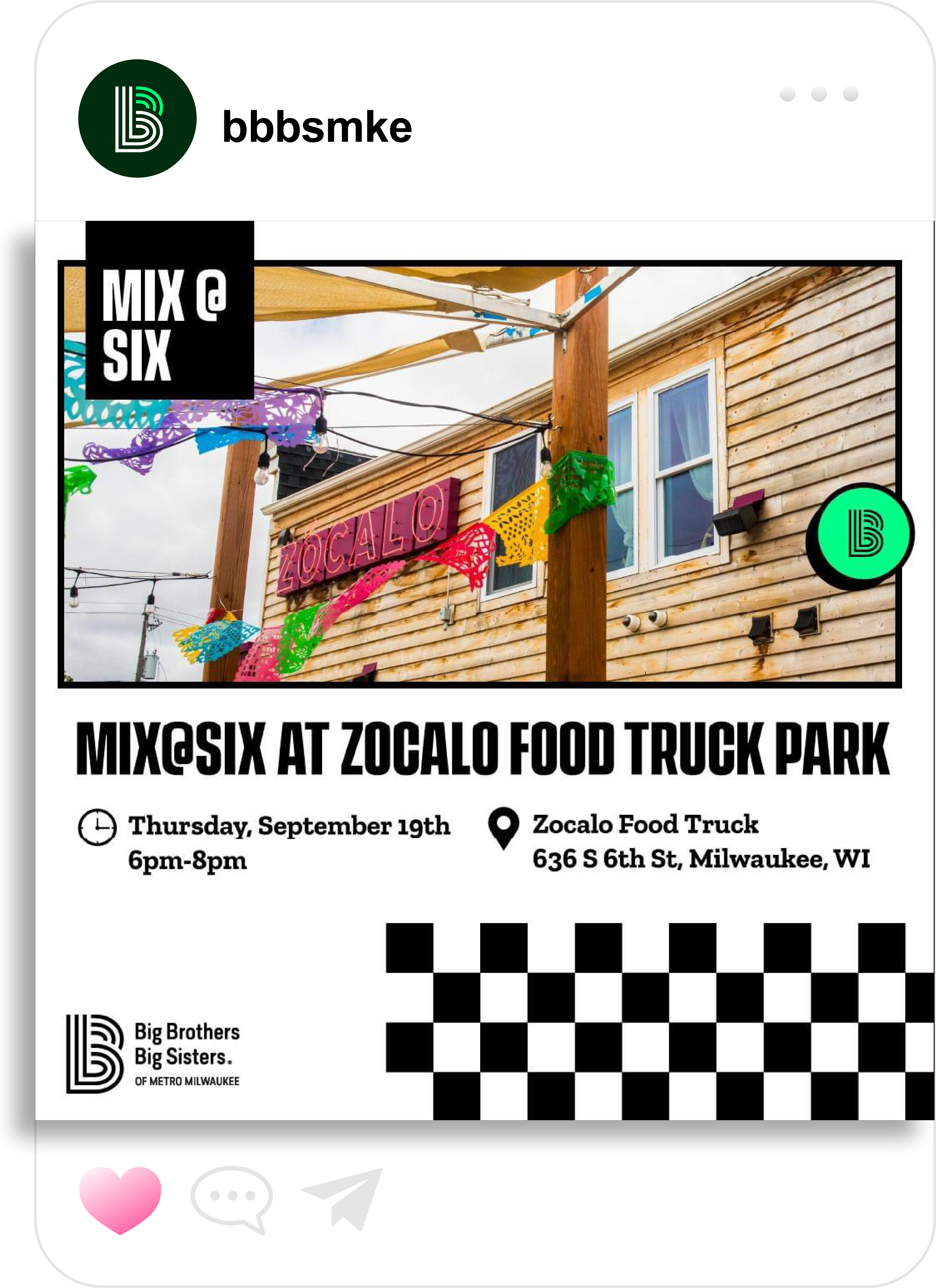 Don’t miss out on our MIX@SIX event at Zócalo Food Park on September 19th! 🎉🥳 Big Brothers Big Sisters of Metro Milwaukee welcomes YOU to come mix and mingle at Zócalo Food Park on Thursday, September 19th from 6-8pm. This is a great chance to connect with our amazing Bigs/Mentors and meet other potential volunteer mentors! Our BBBS team will be there, ready to connect, provide information, and sign up new Bigs. Let's mix, share, and spark new connections!💚