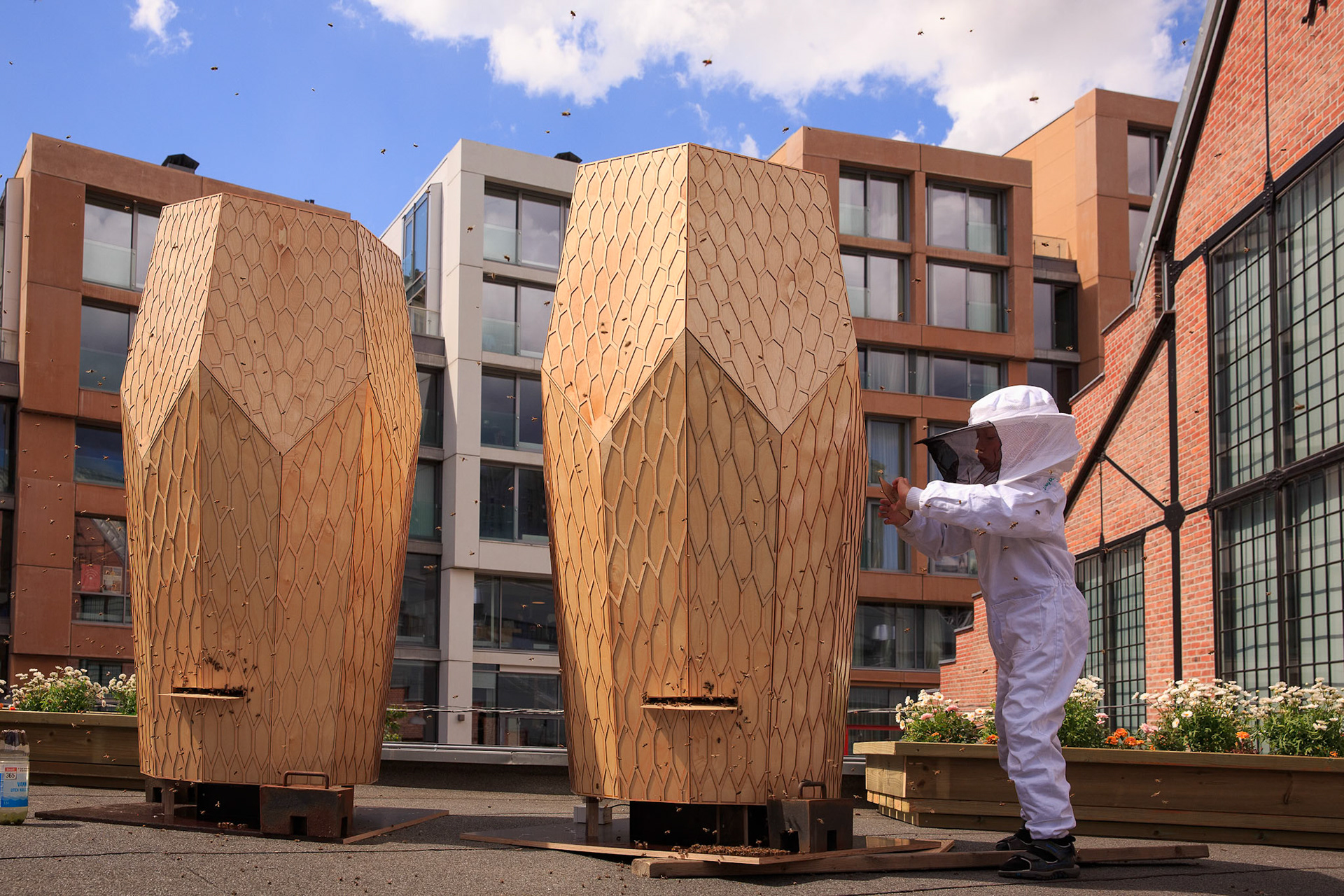 Snøhetta-designed beehives at Vulkan in Oslo