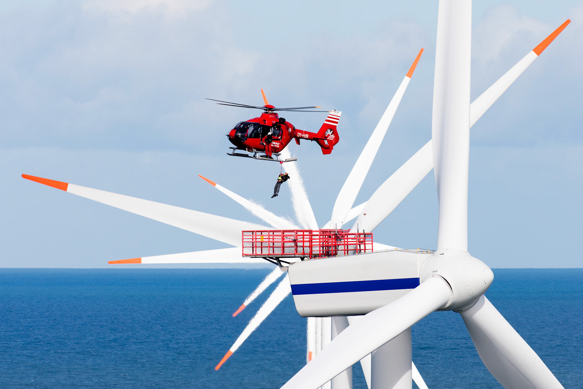 Corporate photography on offshore wind power in Denmark. Horns Rev offshore wind farm near Esbjerg, Denmark.