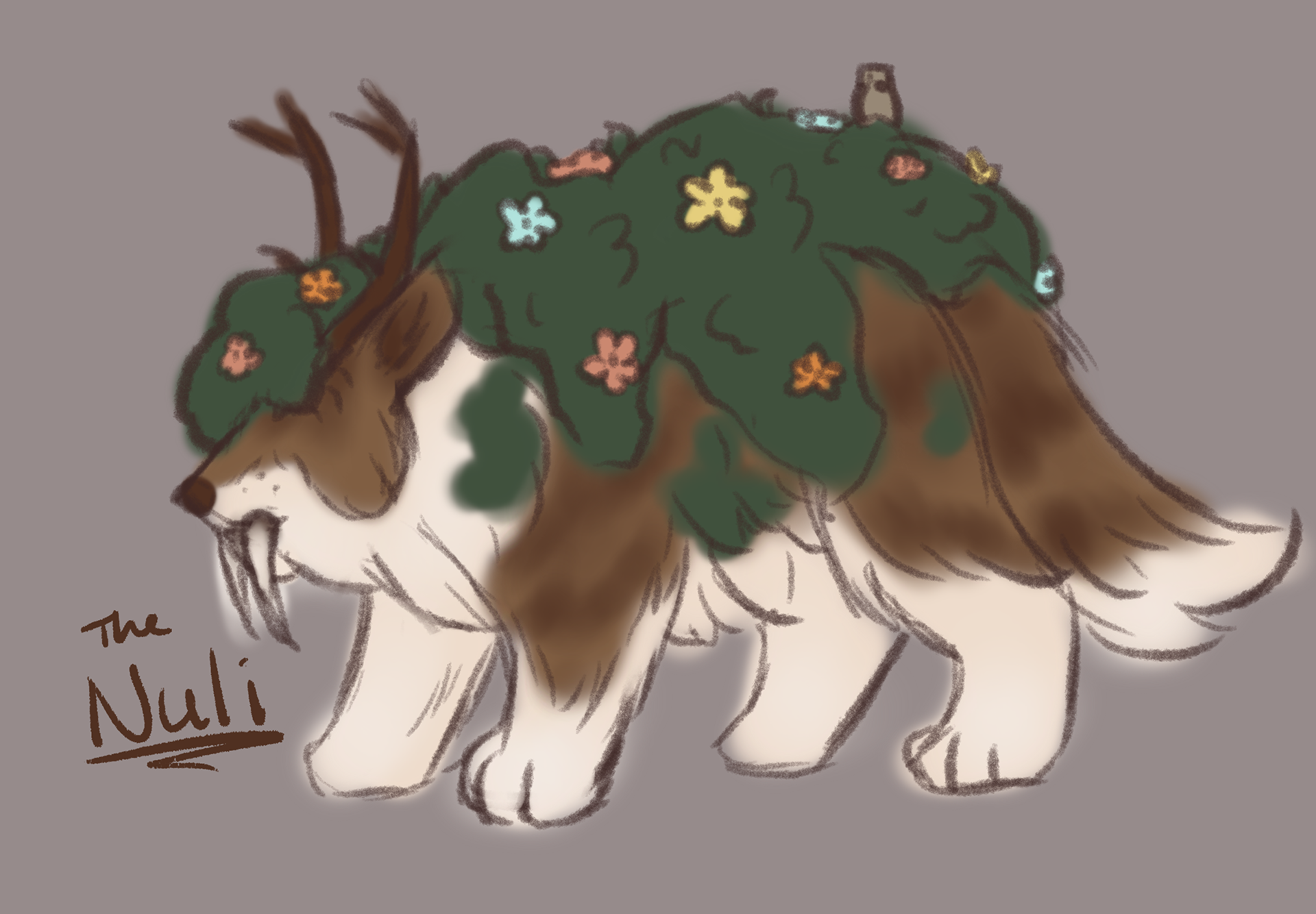 Depicted is a fantastical creature called the Nuli, a bear-like beast with long, thick fur and massive fangs. It has deer-like horns, and its back is covered in moss and flowers. A tiny bird perches near its rear. 