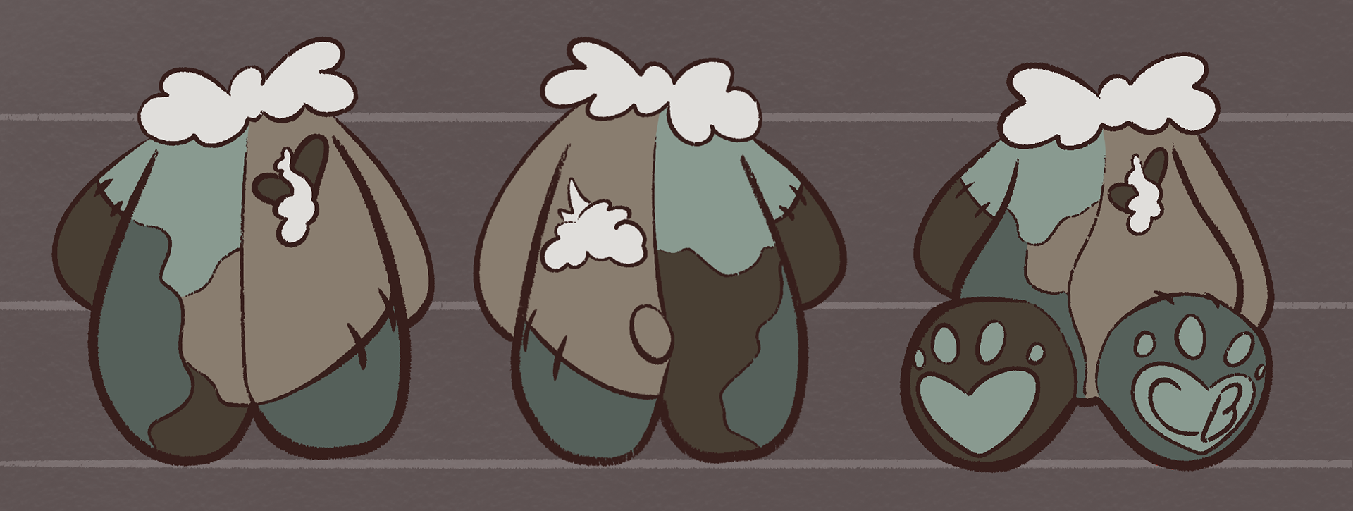 This image shows the different angles of a zombified, headless teddy bear. Stuffing protrudes from a hole where the head should be. It is covered in green and brown patches, with a dark brown heart on its chest. There is an open tear in the center of the heart, and stuffing spills out from the gash. There is also a similar tear on its back.