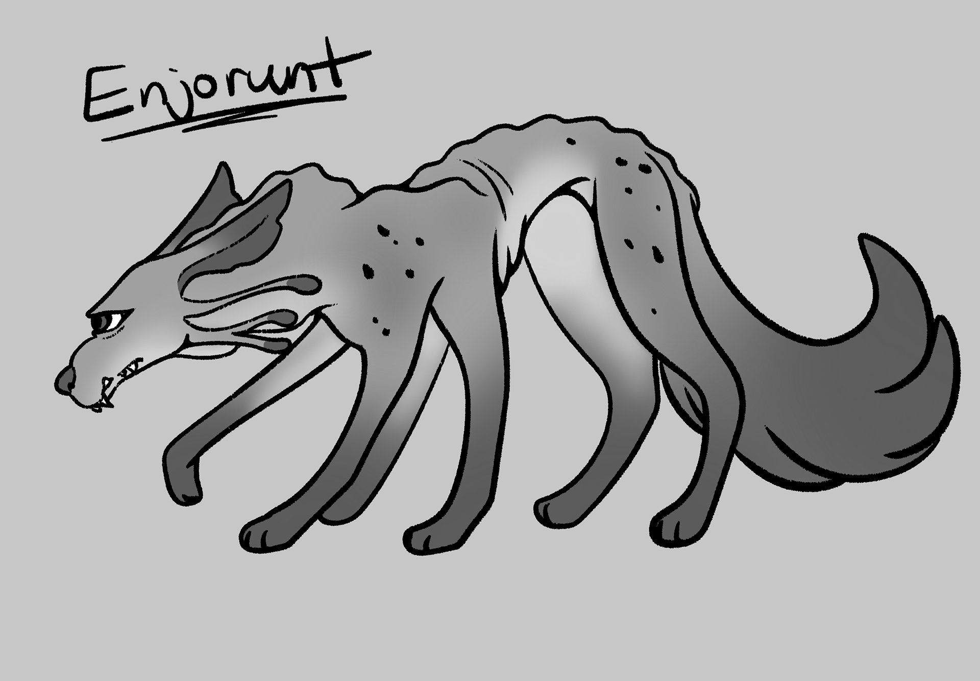 Depicted is a fantastical called the enjorunt. It has the overall shape of a greyhound, but it only has one, large eye placed in the center of its face. It has long, slender ears, jagged teeth that remain visible with the mouth closed, and slim antennae protruding from the jawline. It has an extra pair of long, slender legs (6 total) and a long, fluffy tail. 