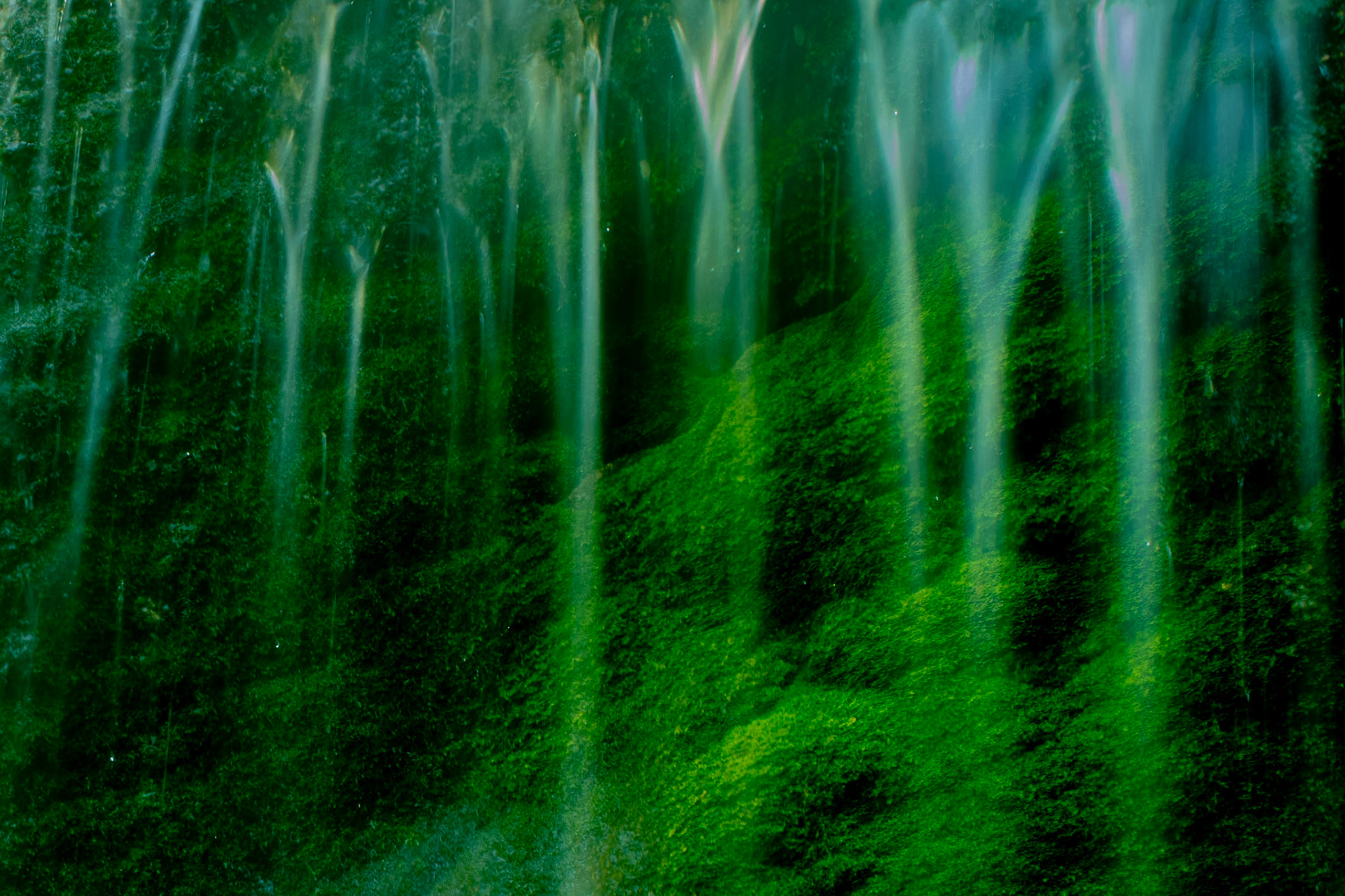Water falling over moss covered rocks by waterfall