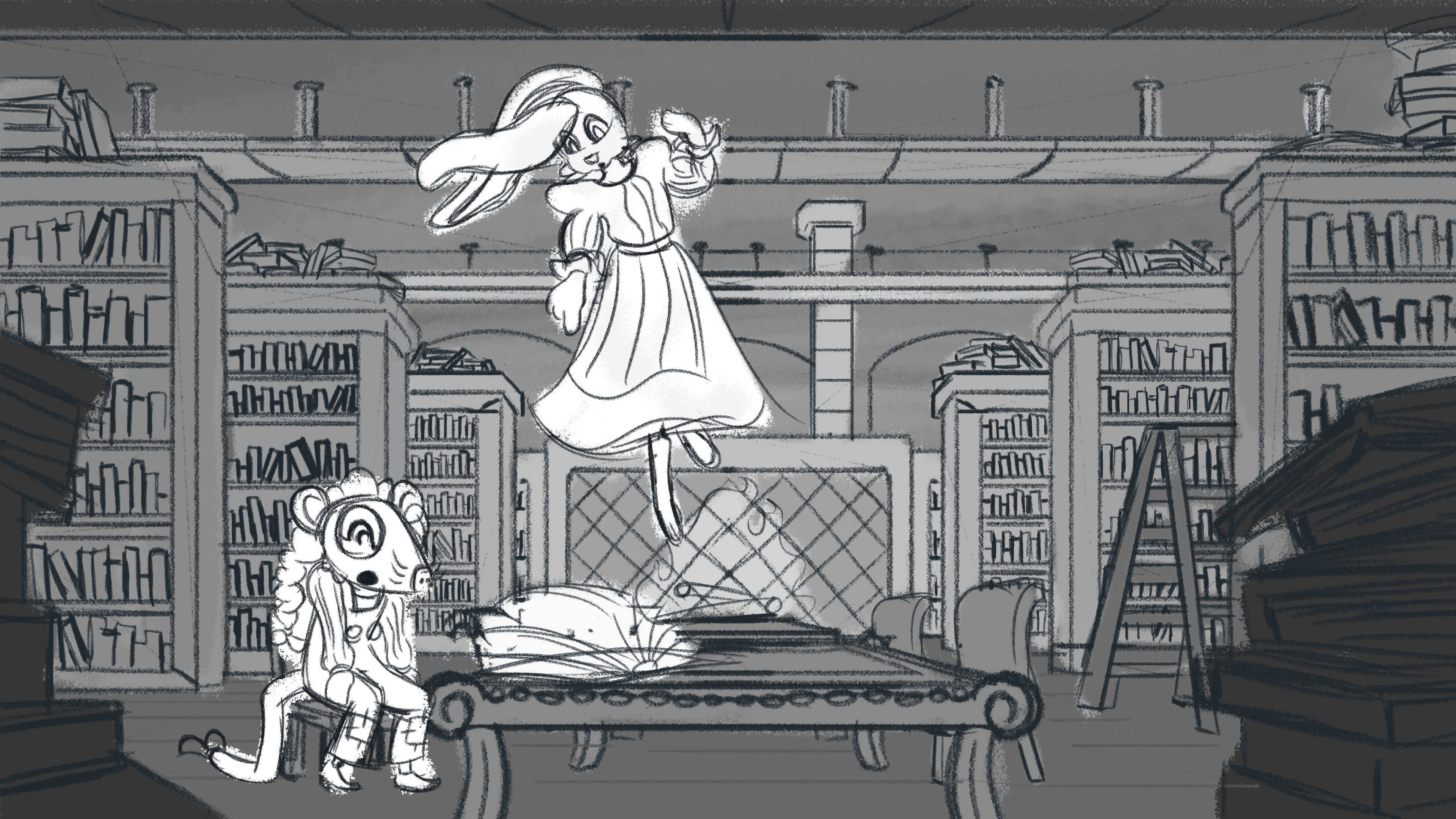 Story concept from an animated concept called "Shh! There's a Ghost in the Library!"