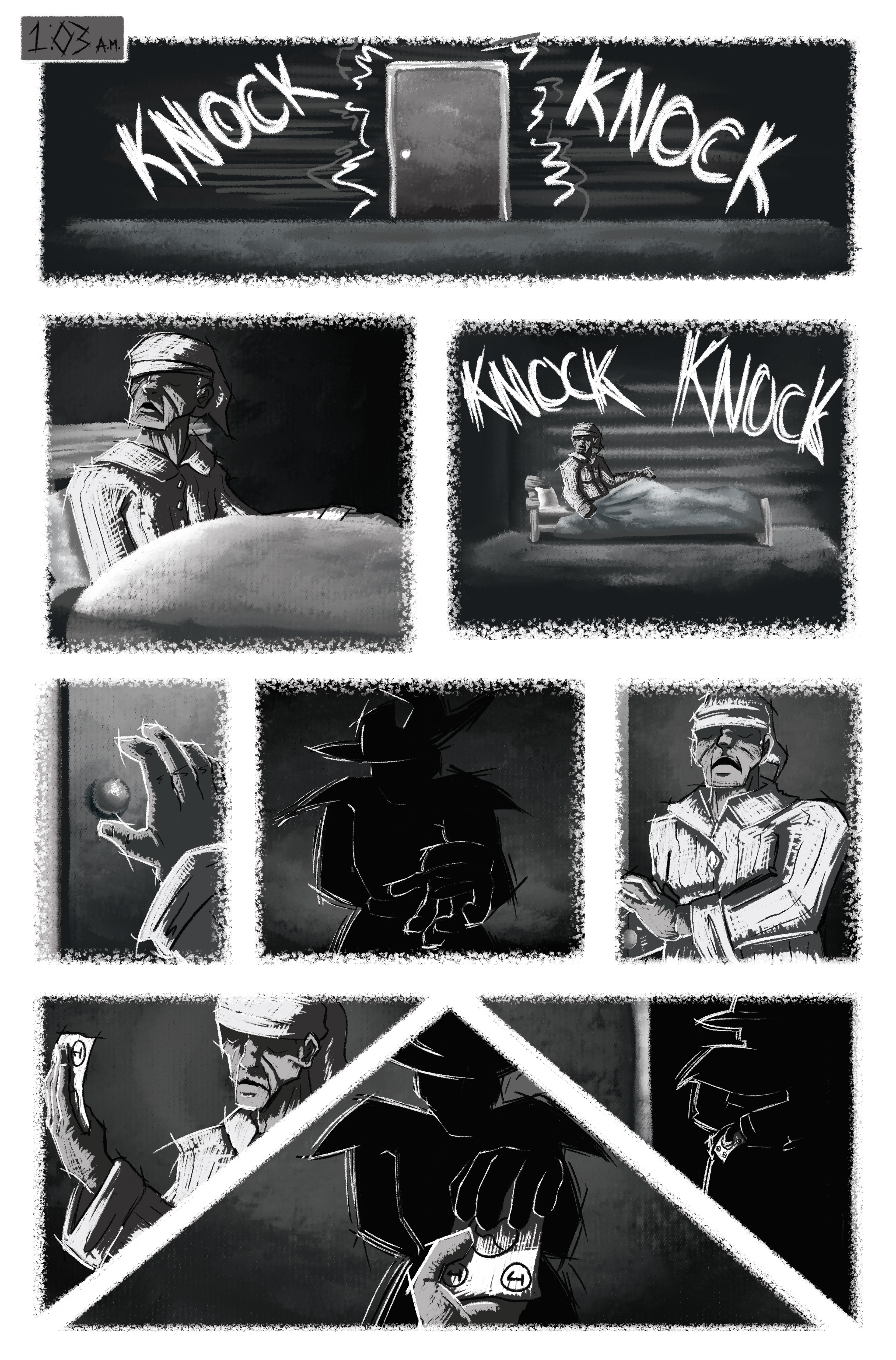 Page 4 for a horror comic adapted from a screenplay written by Anthony A. Labriola and Stephen R. Shilling II. Illustrated in Photoshop. (2023)