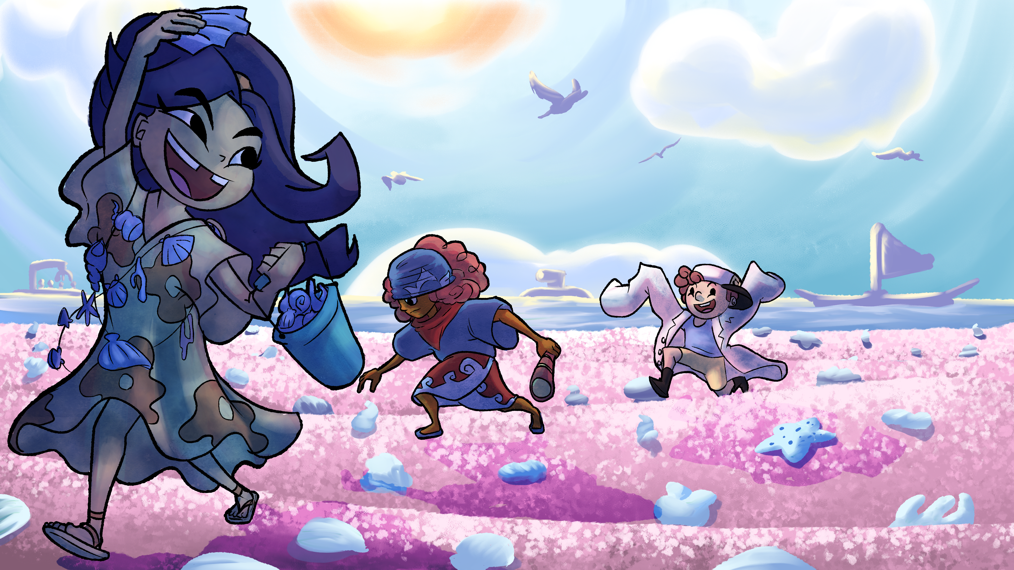 Early concept of the cast collecting seashells by the sea shore. (2024)
