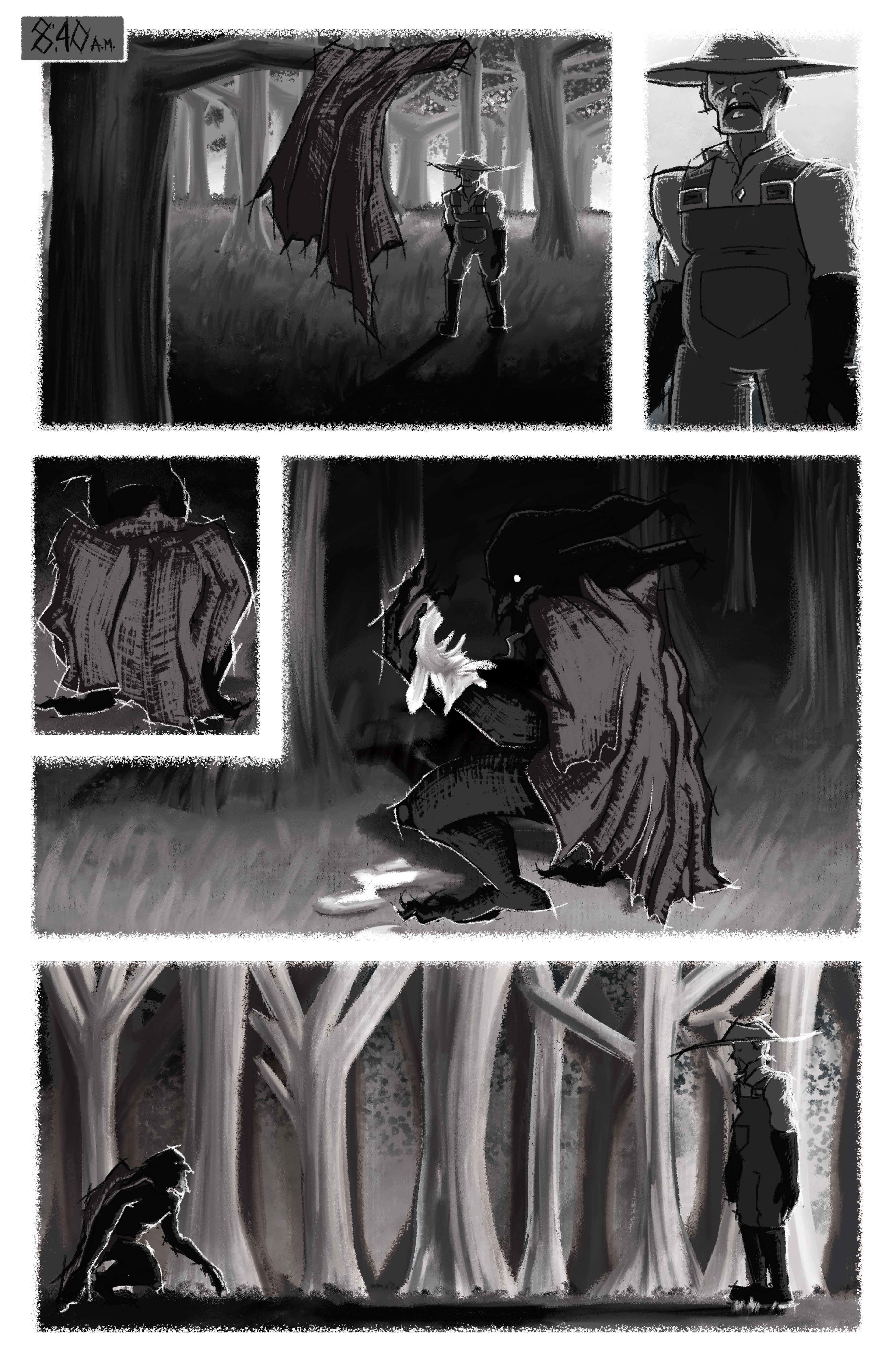 Page 6 for a horror comic adapted from a screenplay written by Anthony A. Labriola and Stephen R. Shilling II. Illustrated in Photoshop. (2023)