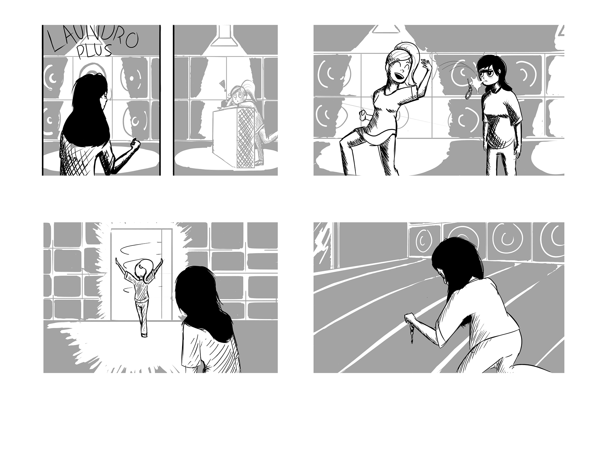 Page 1 of a storyboard assignment based on a generated prompt. Illustrated in Photoshop. (2019)